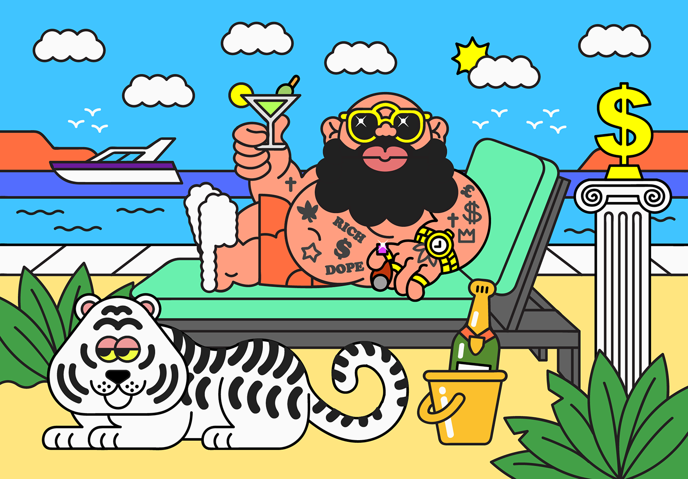 summer chill sea rapper tiger Champagne yatch colorful bold vector