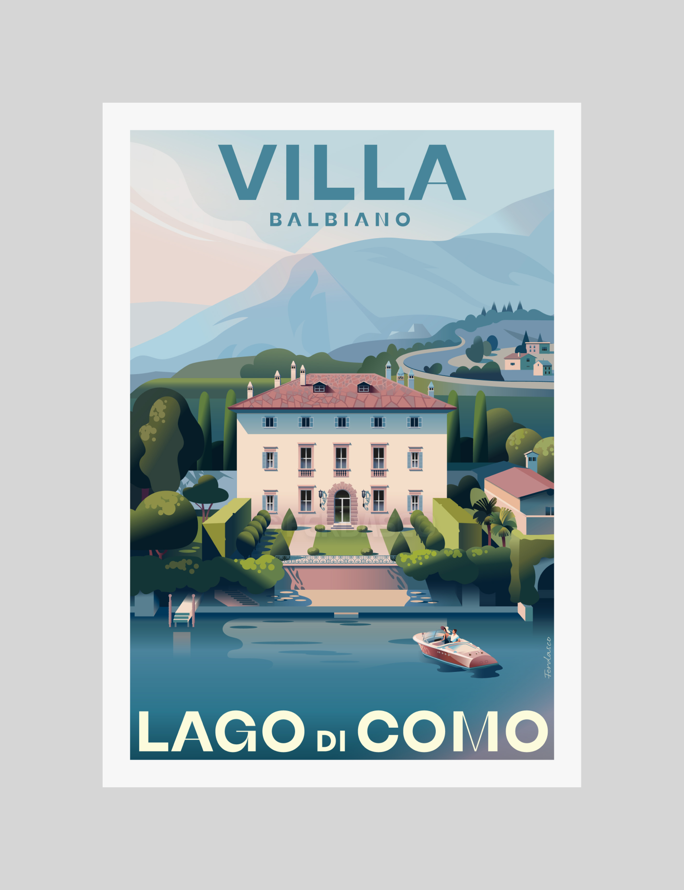 art deco automotive art Car Illustration classic car Italy Lago di Como retro car riva yacht villa d'este vintage poster
