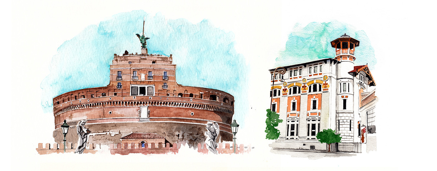 watercolor ILLUSTRATION  Travel Monocle Rome city Food  painting   Italy building