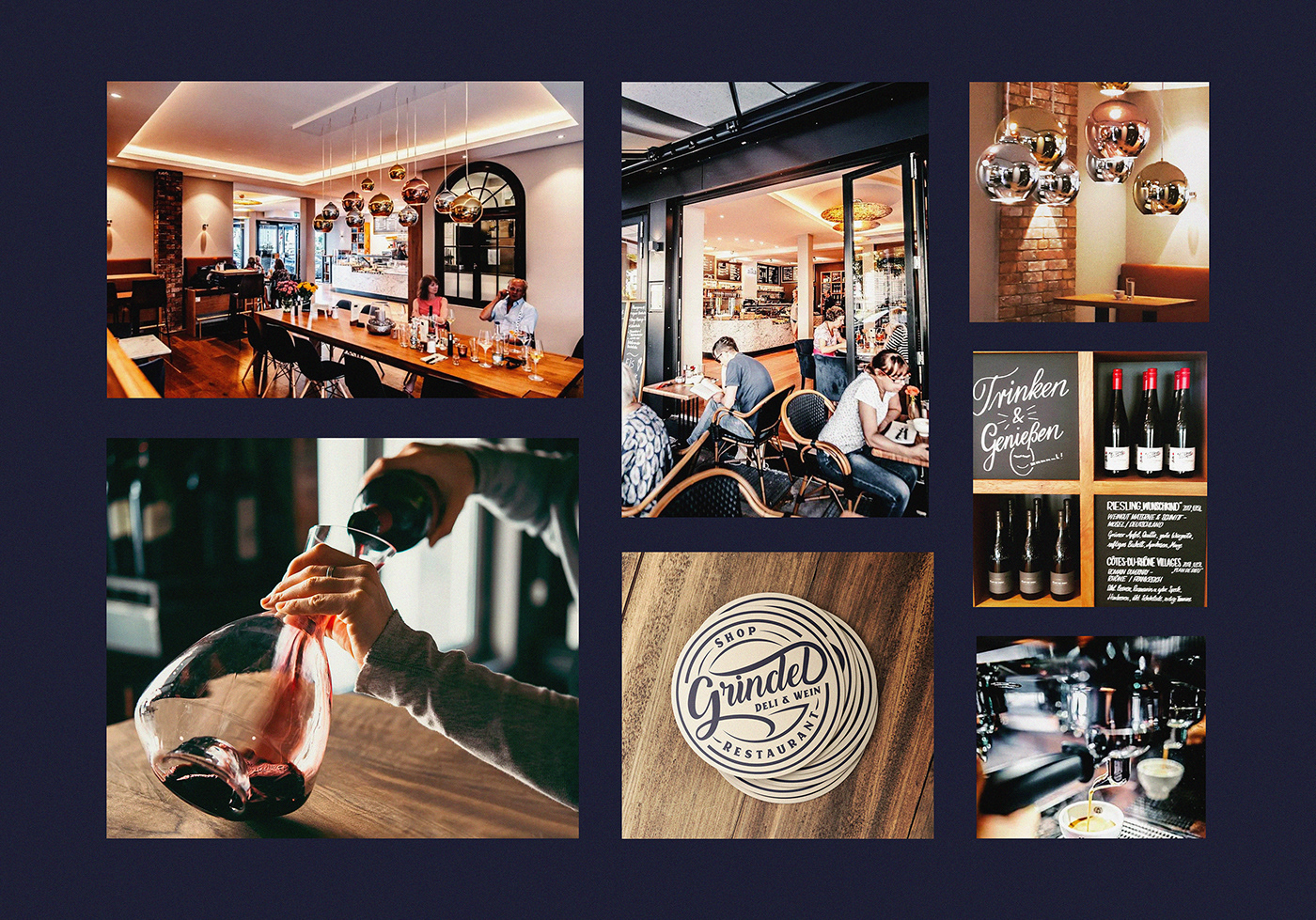 Photographs of the Grindel Deli & Wein restaurant in Hamburg and coaster design.