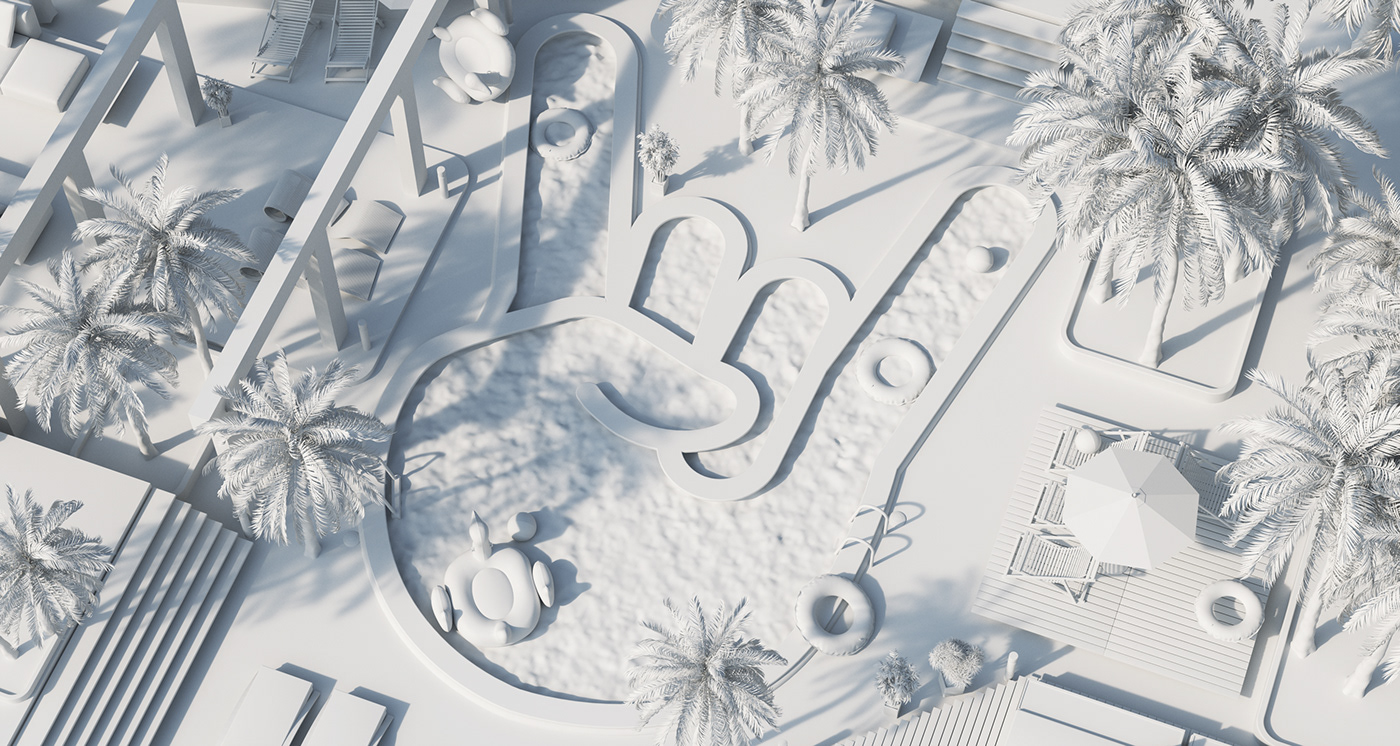 CGI CG summer swimming pool 3D ILLUSTRATION  artwork concept visual Palm Tree