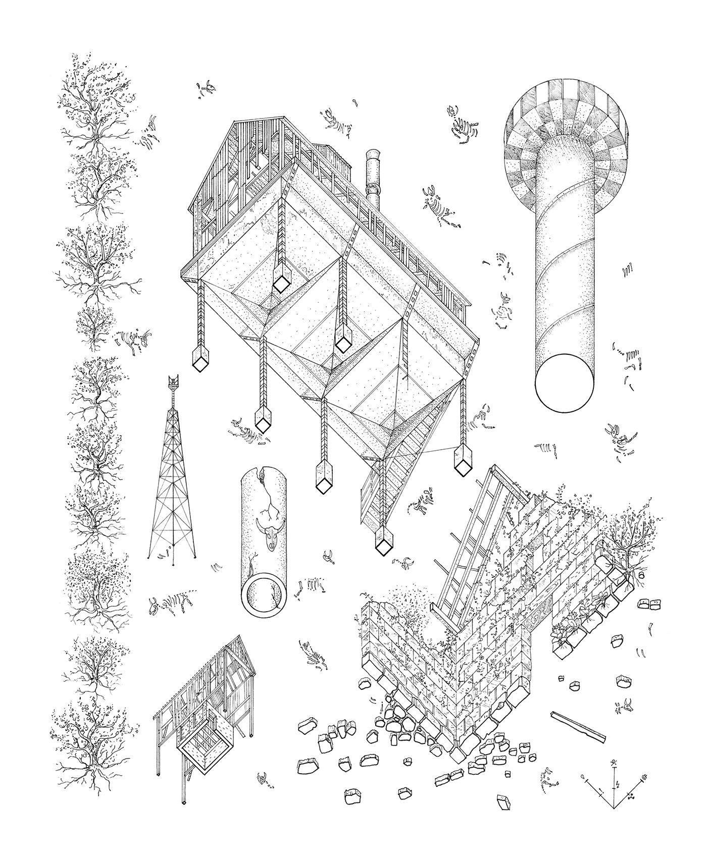 architectural architecture axonometric Drafting Drawing  handmade ILLUSTRATION  ink Isometric worms eye view