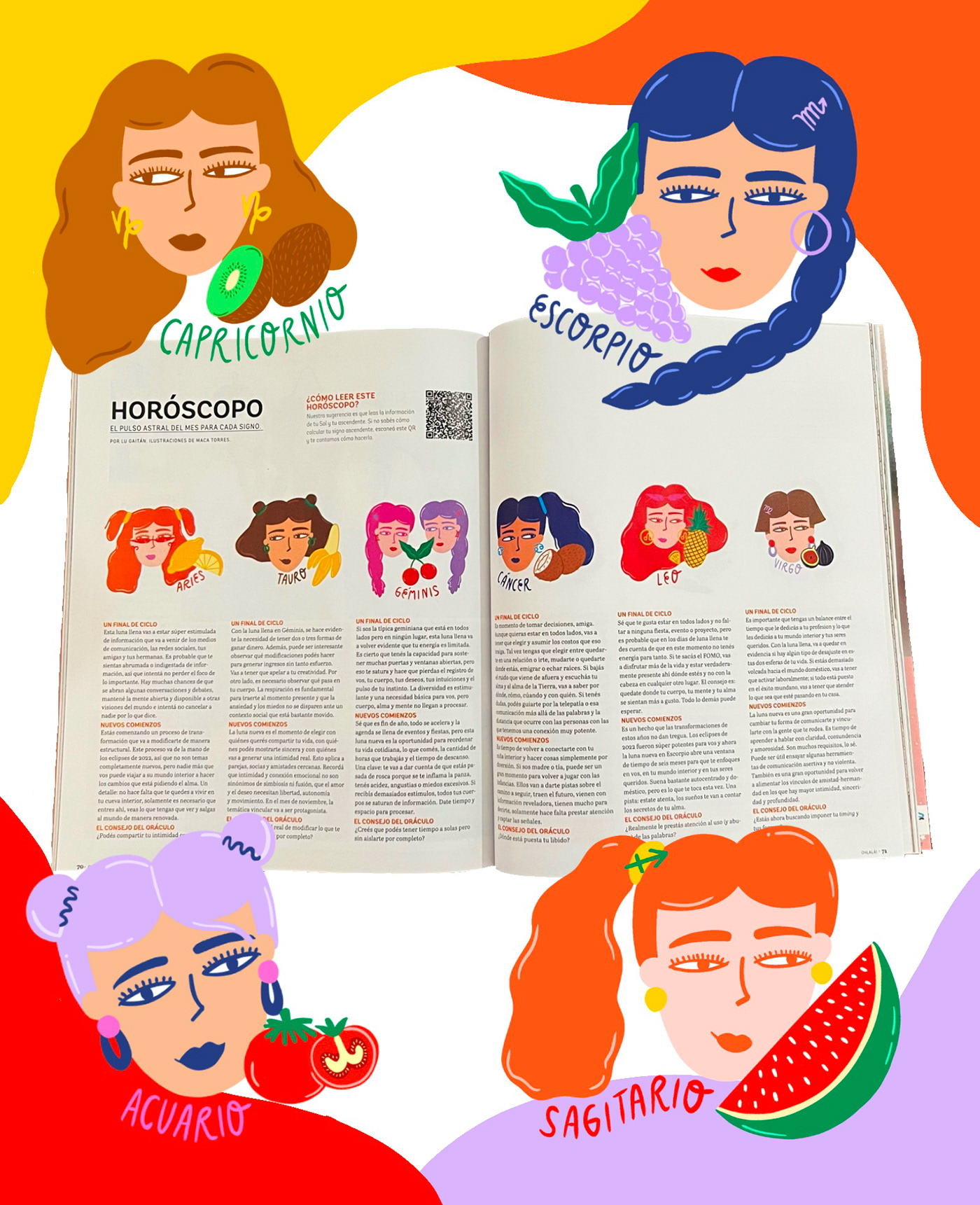 revista Signos del zodiaco personajes frutas Mujeres colores Horoscopo