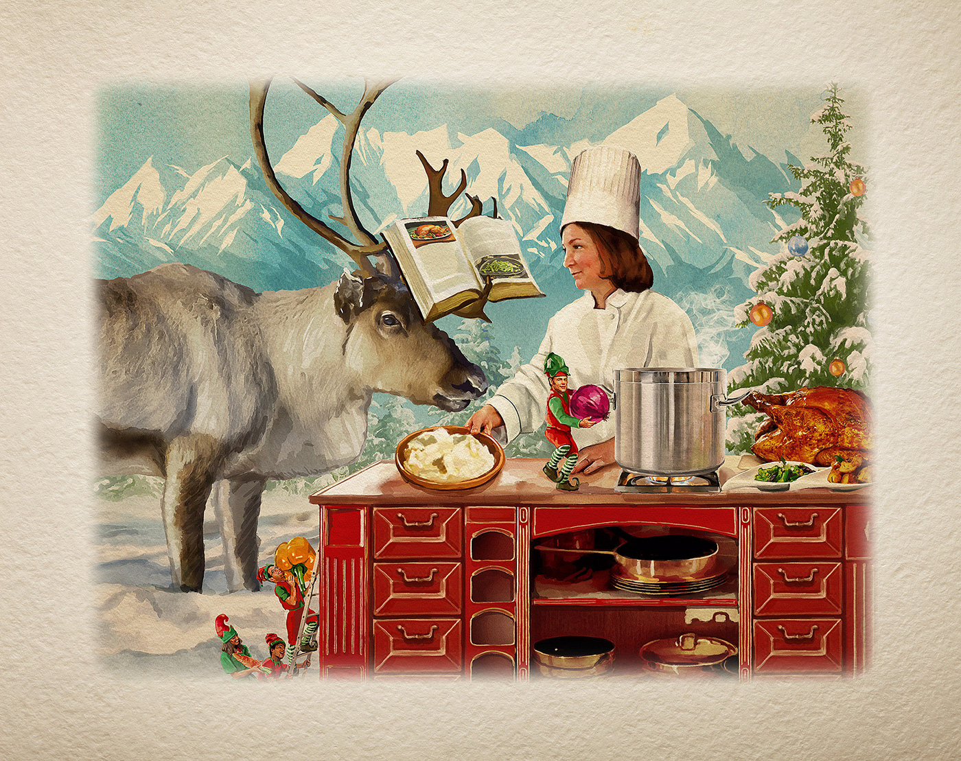 Christmas storyboard vintage poster new year restorante people animals Food  watercolor