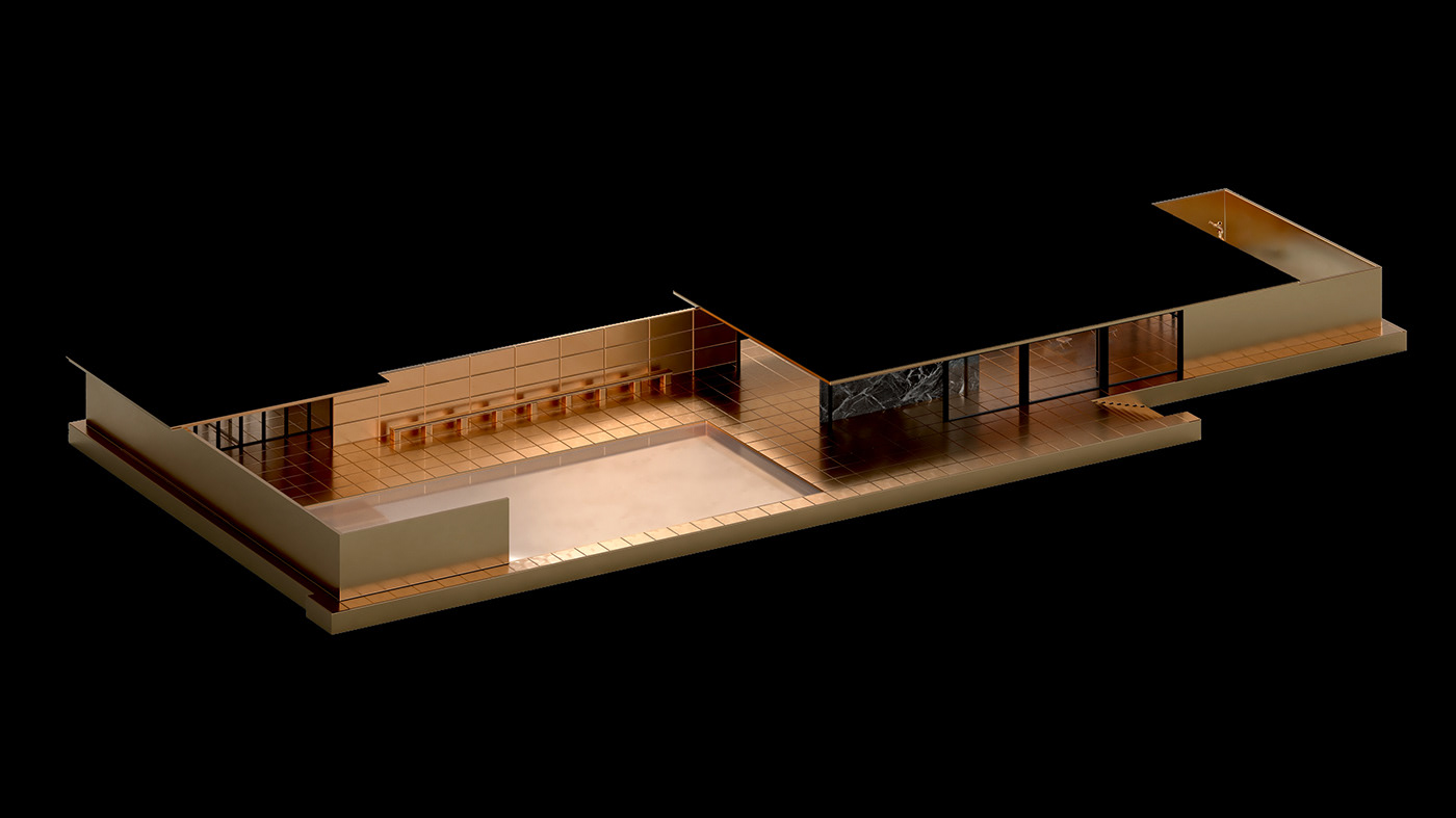 Mies van der Rohe, Barcelona Pavilion
Gold model architectural render.
VRay 5 + SketchUp