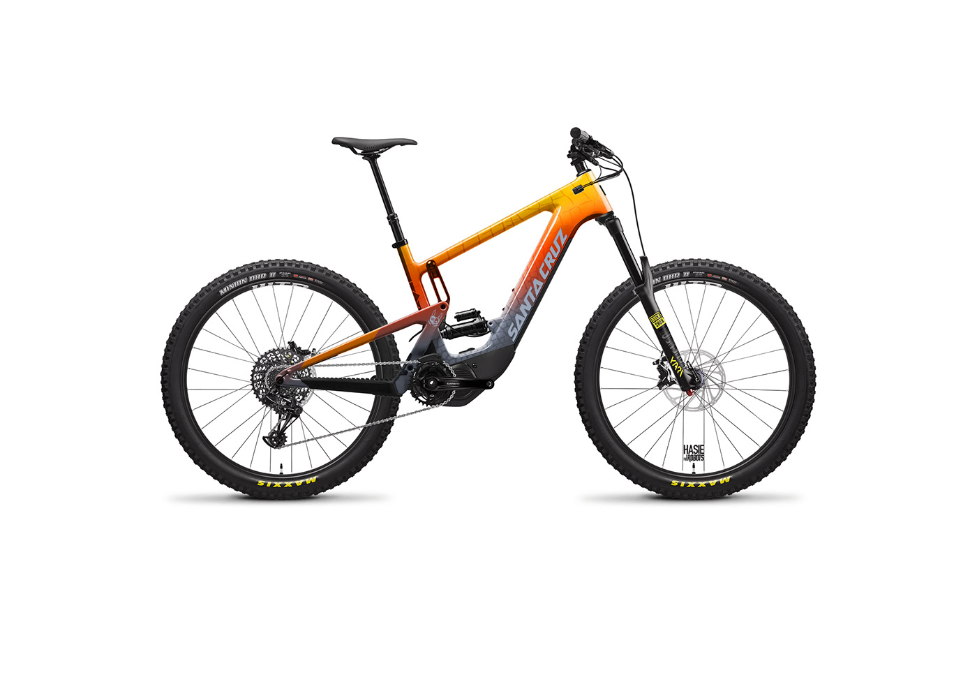 Custom wrap design on a electric mountain bike. Orange with gray