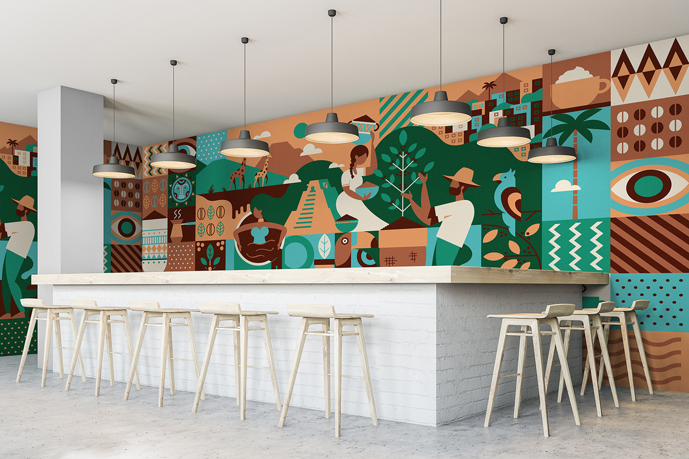 Coffee CoffeHouse  Interior wall ILLUSTRATION  bar flat design grid surface surface design