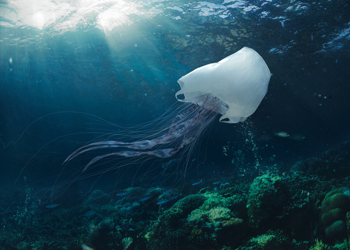plastic Ocean climate change plastic free 3D Computer graphic microplastic jellyfish underwater save the planet