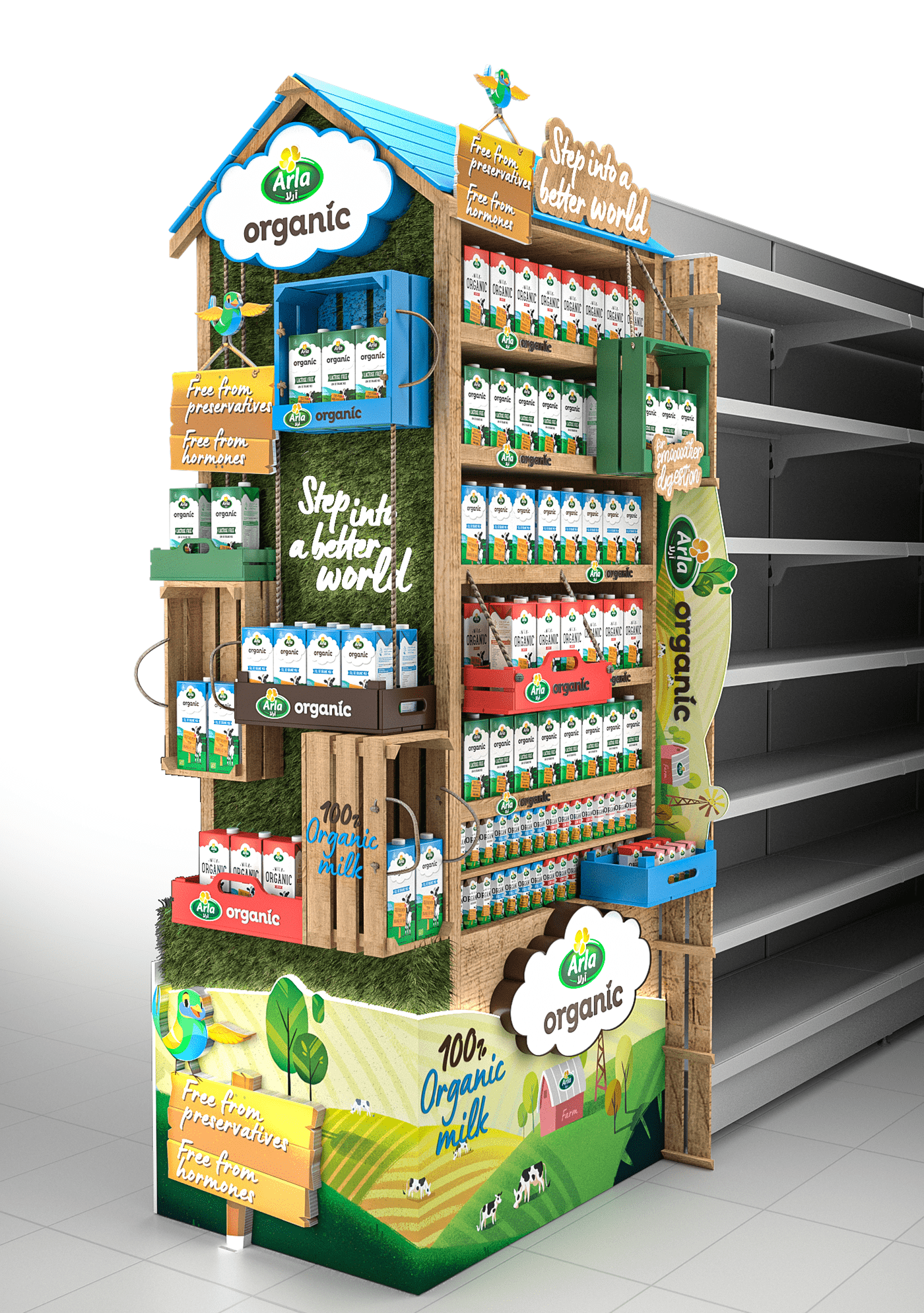 Arla crate creative design Display gondola milk organic posm POSM design