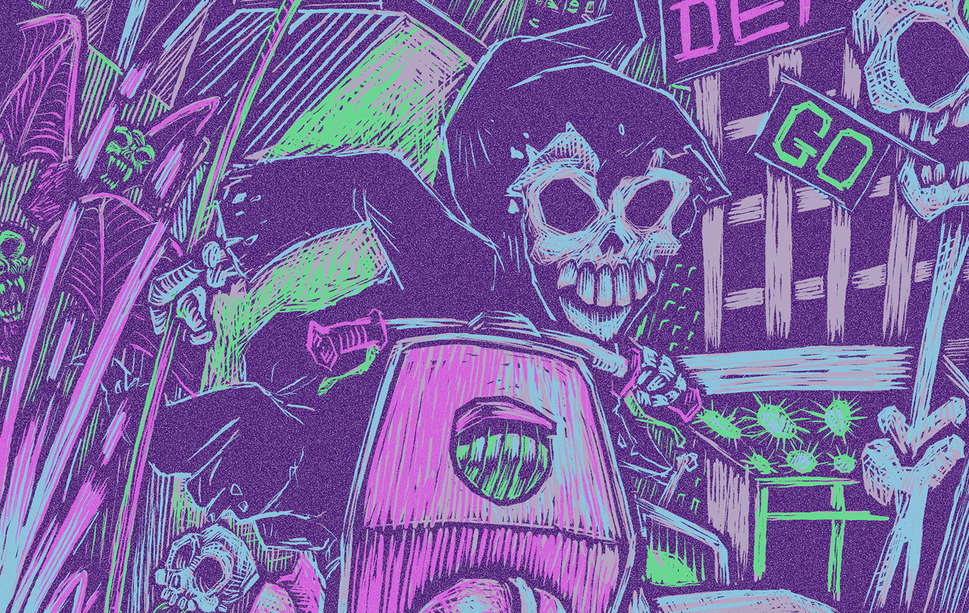 art Drawing  neon colors Halloween death scooters city
