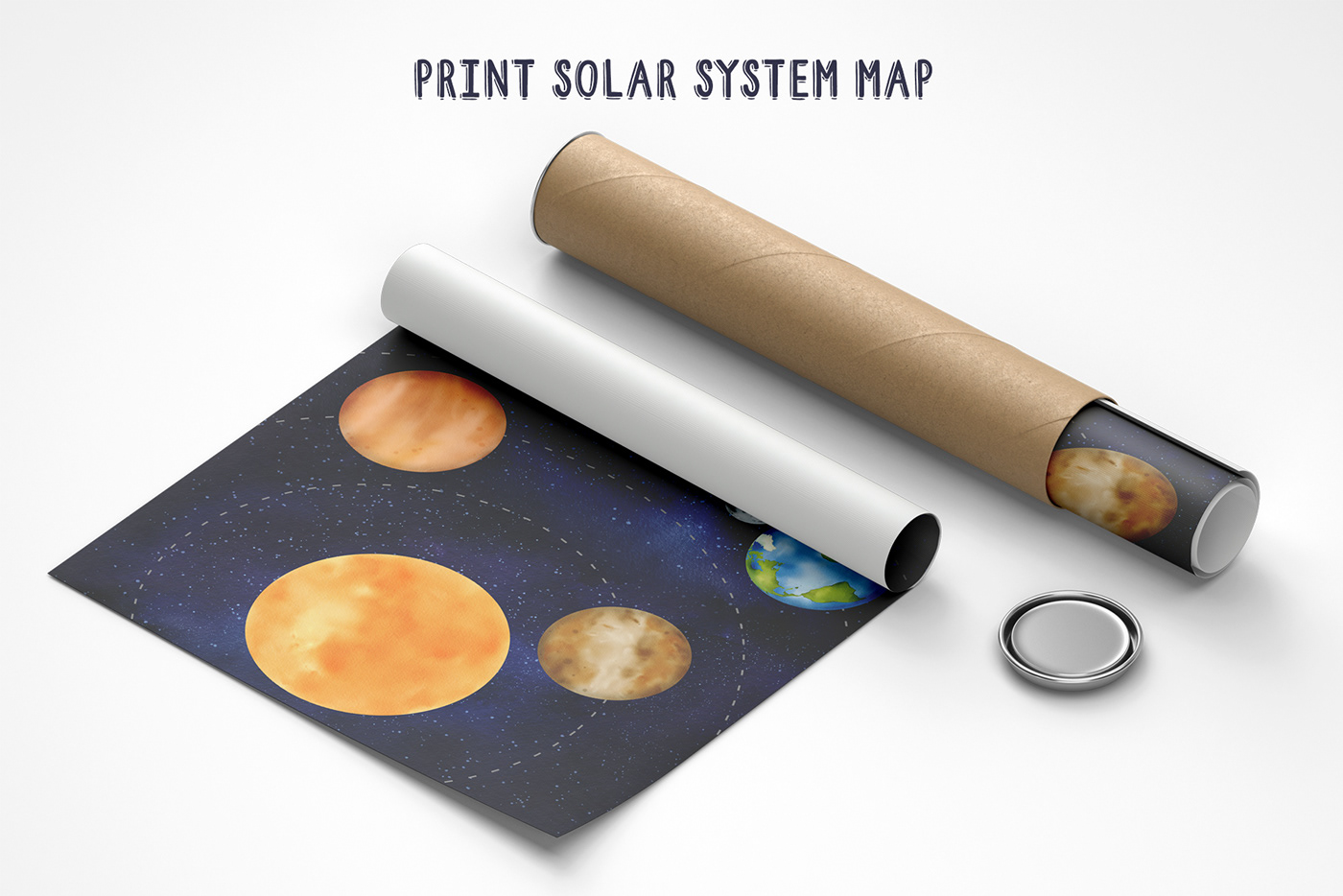 Printing a map of the solar system. Digital watercolor