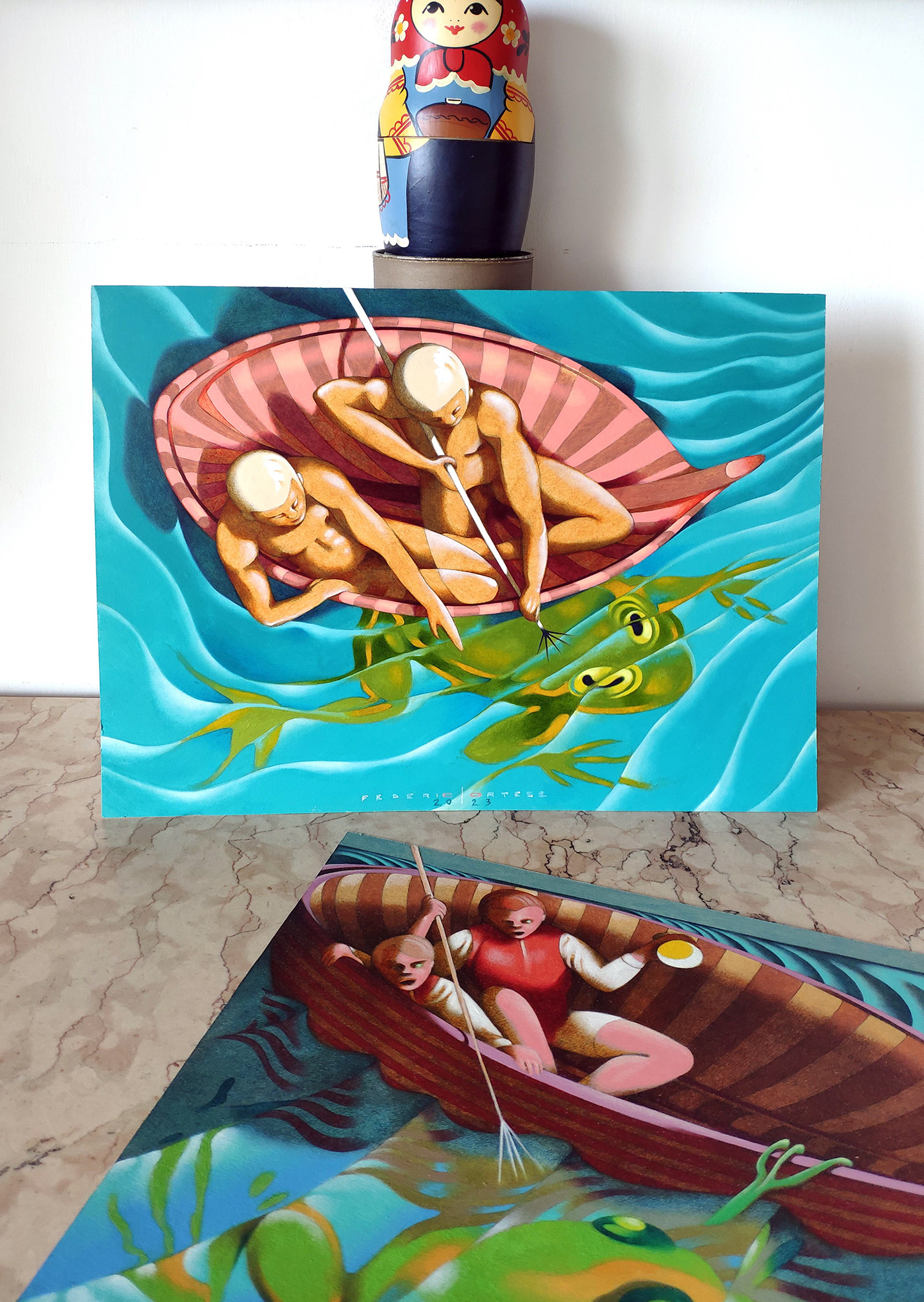art Paintings illustrations frog Hunters sea Boats surreal oniric imaginary