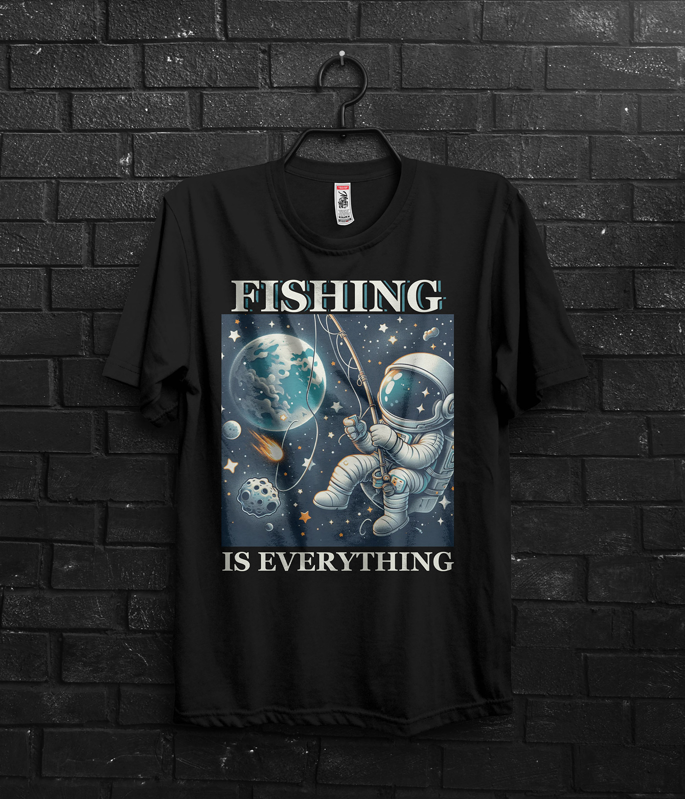 fishing astronaut Space  moon stars earth black shirt graphic tee outer space t shirt design