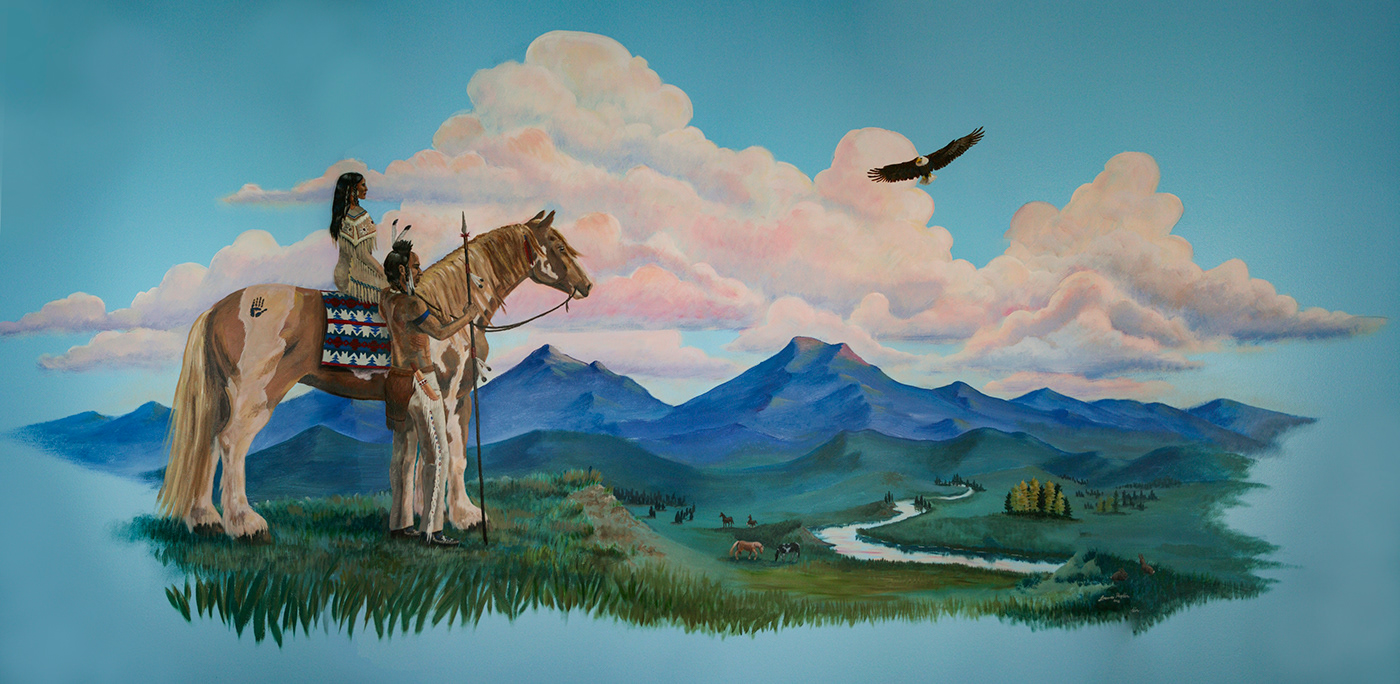 Mural native american equine mountains acrylic heritage peaceful valley