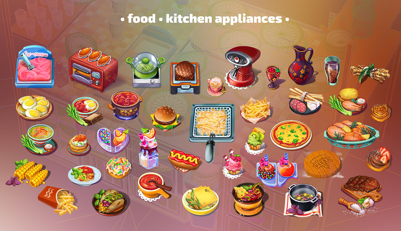 Casual games dishes Game Art Game Assets game design  game icon illustrations kitchen locations UI