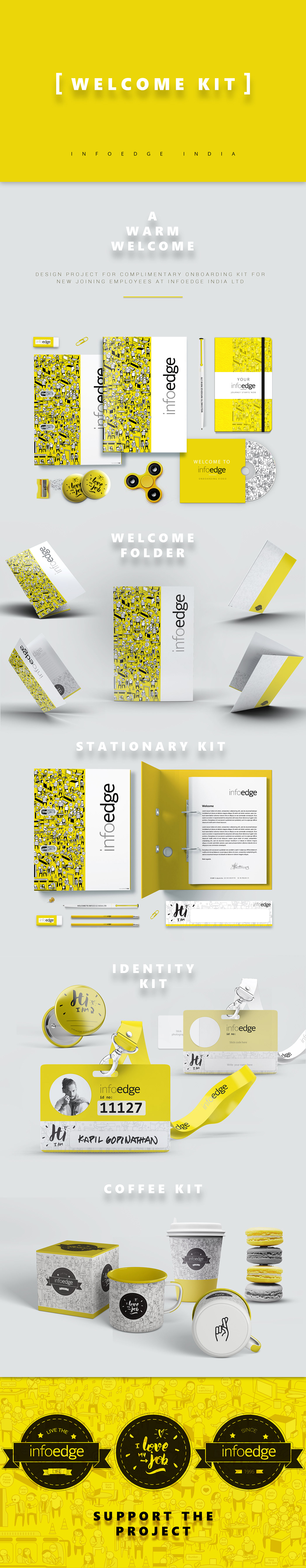 brand infoedge welcome kit ILLUSTRATION  On Boarding graphic design  Character design  yellow branding  Office culture