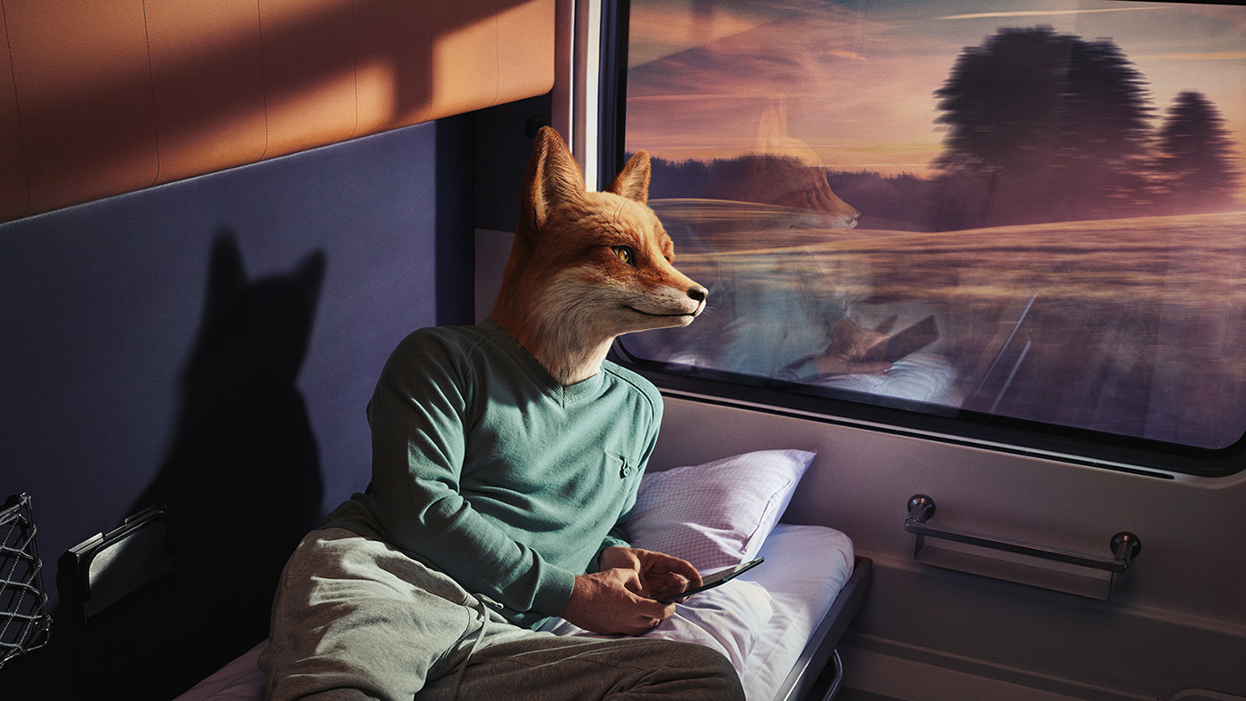 animals FOX CGI Travel compositing retouching  Fur Advertising  train Coach