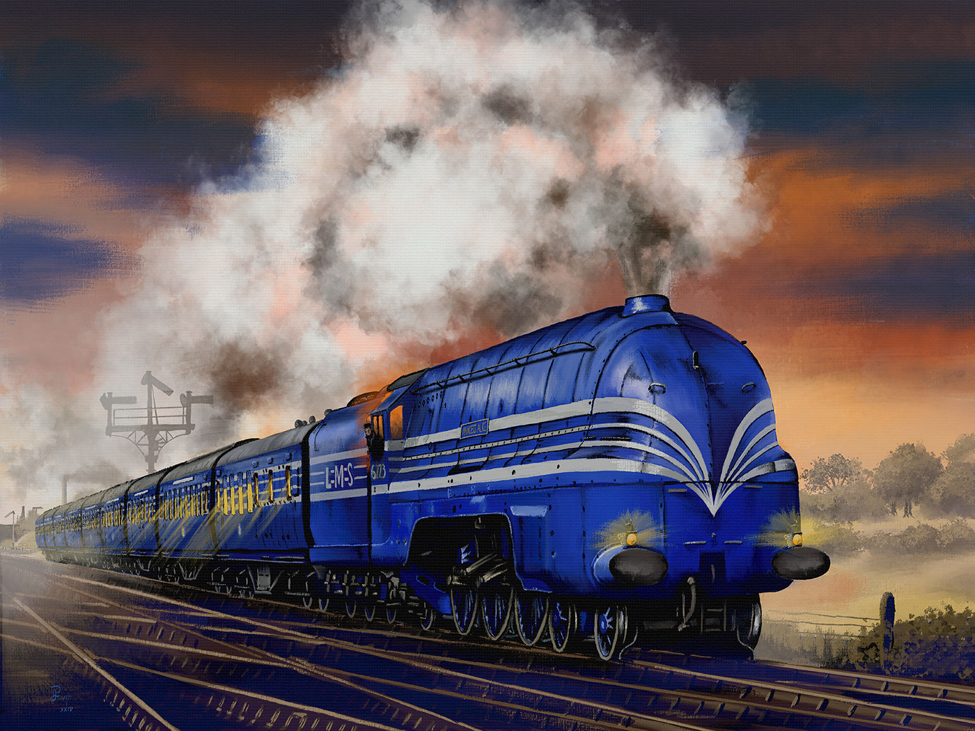 Streamline Steam express blue sunset 1930s british locomotive