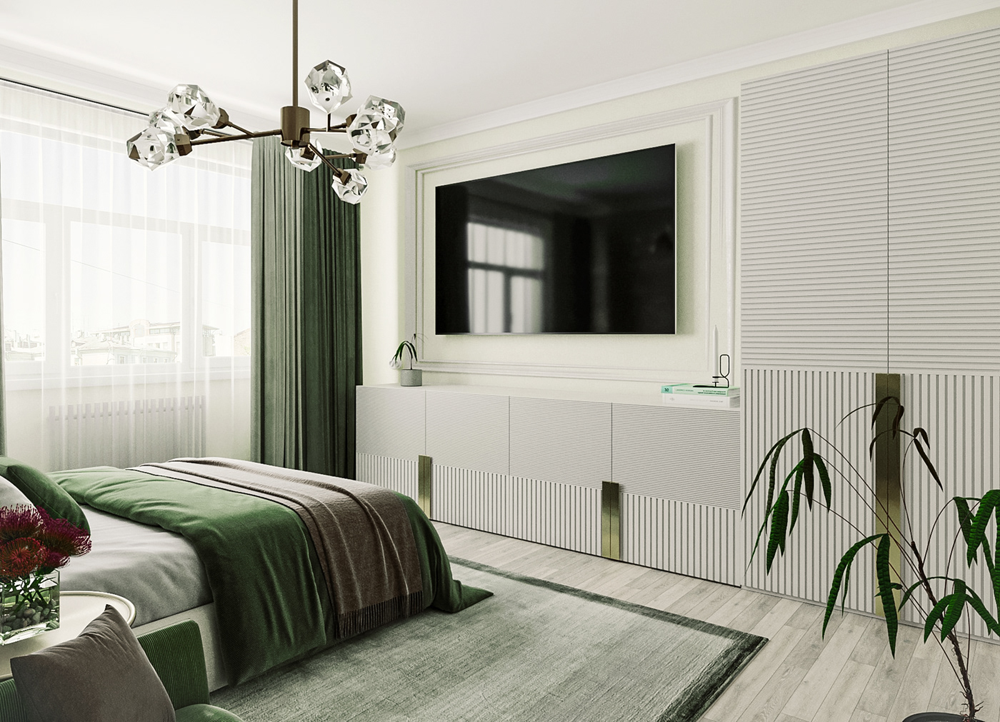 green gold warm bed bedroom modern Fashion  guest White cozy