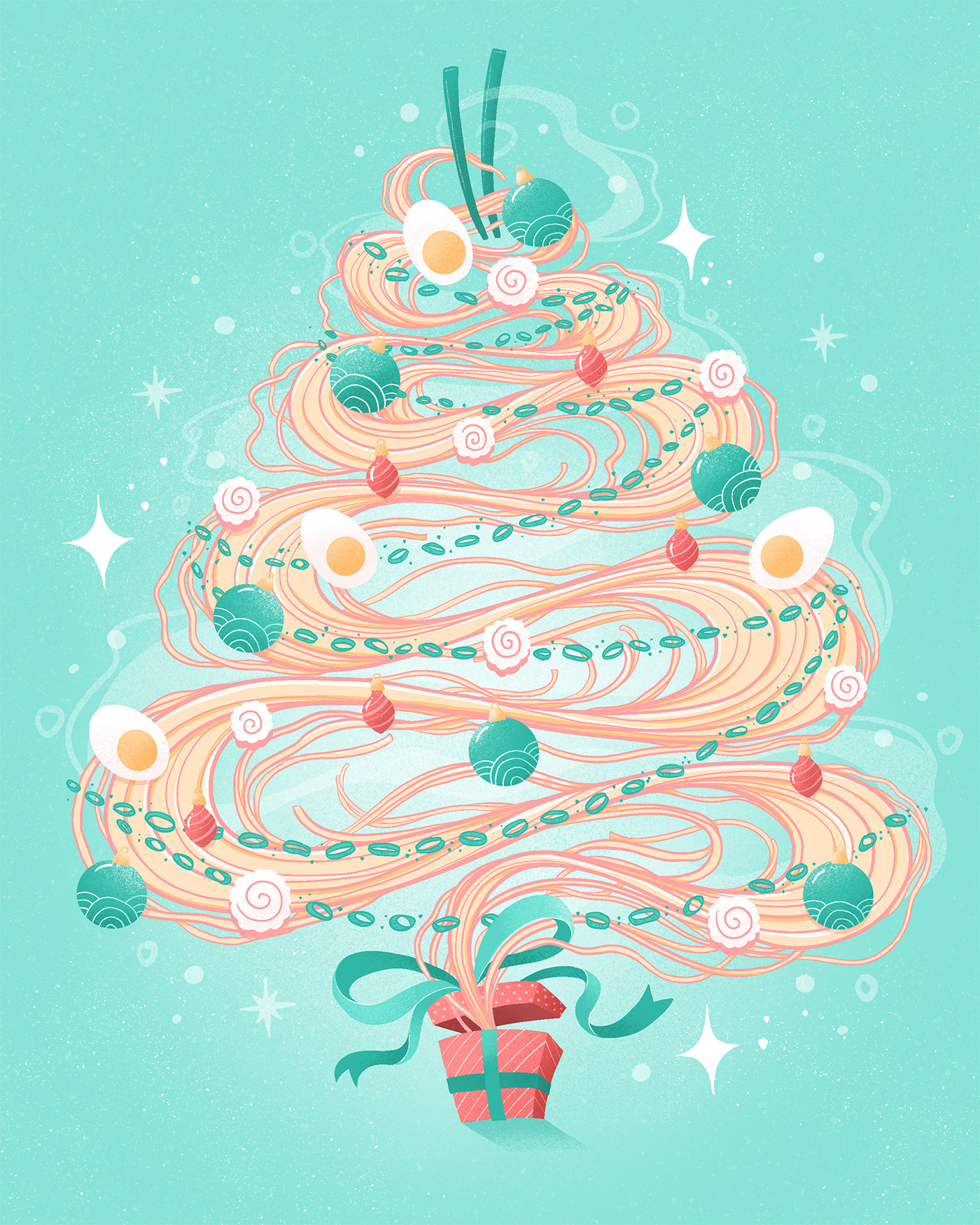 Digital illustration featuring noodles bursting out of a present in the shape of a Christmas tree