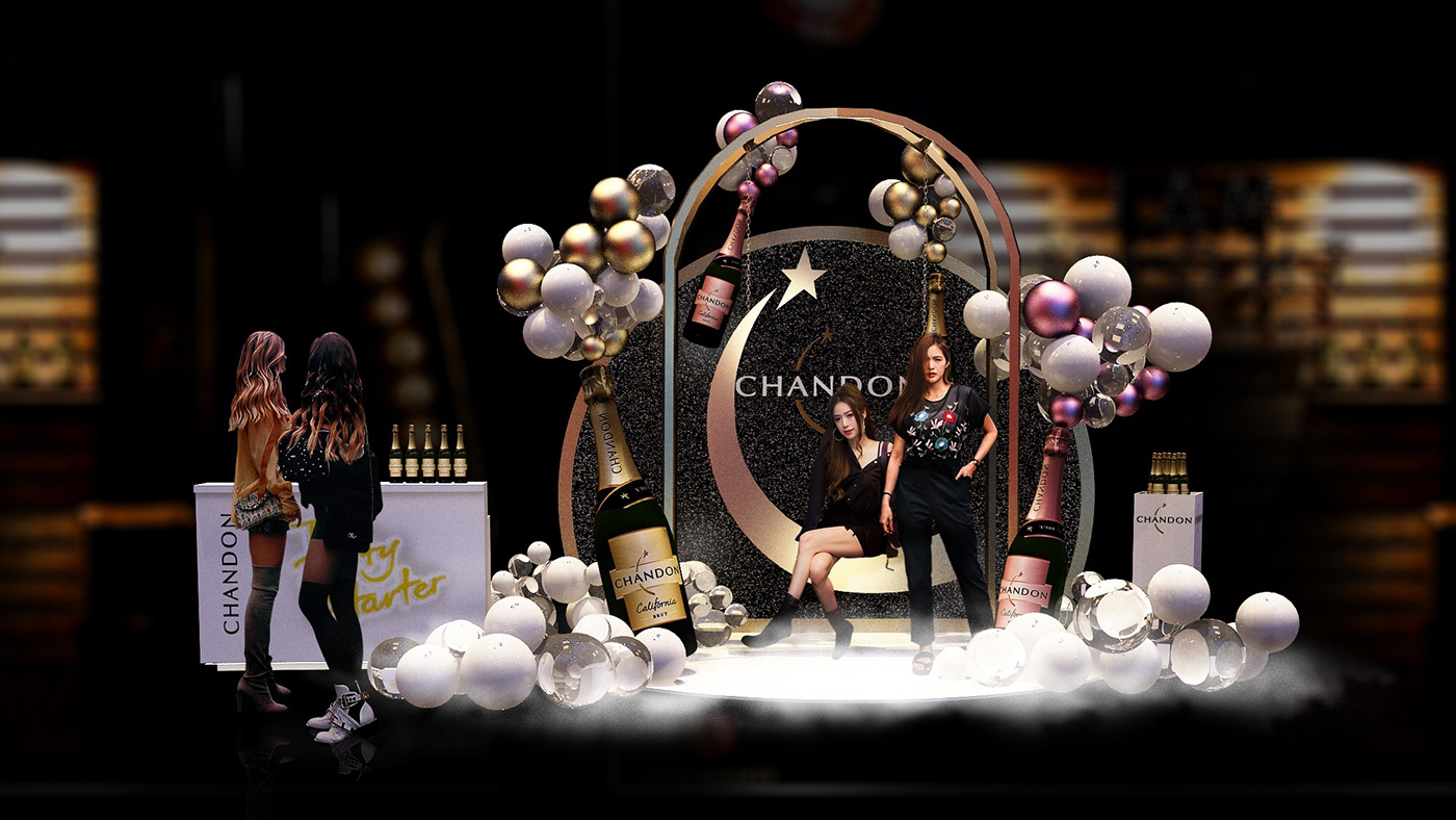 3D 3dmax booth Event Render vray backdrop balloon bottle chandon moon Photo Corner