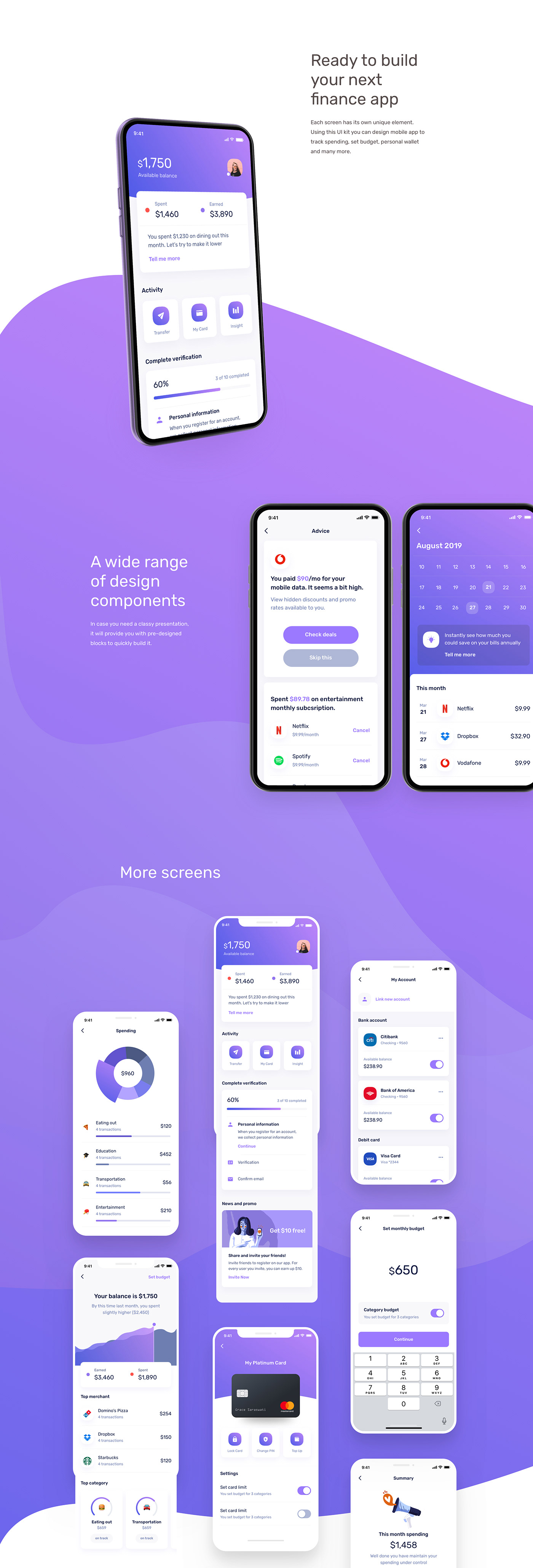 Financial UI kit for mobile application (ios), track your spending, wallet, credit card, save money.