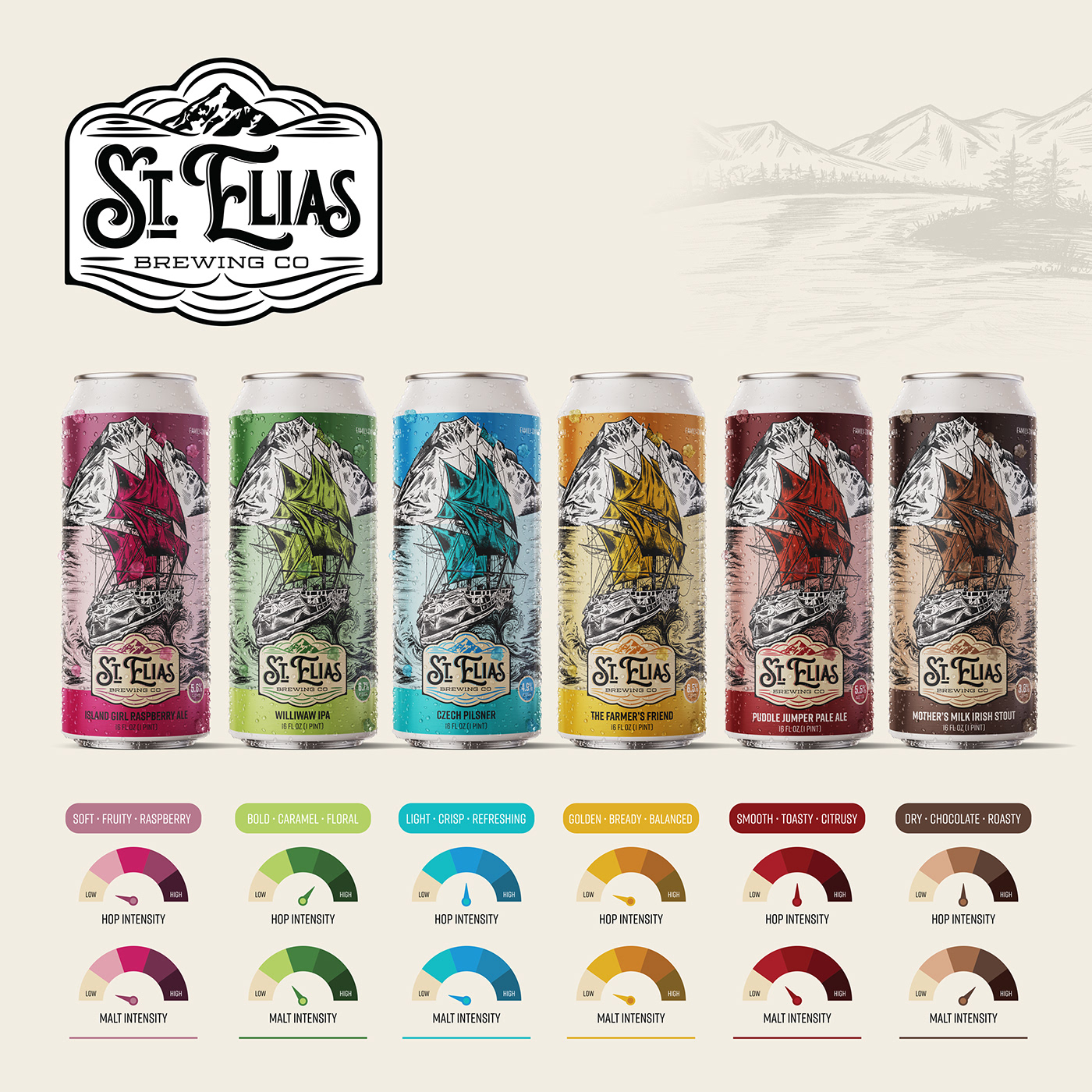 Craft beer branding and logo design for St. Elias Brewing Company located in Alaska. 