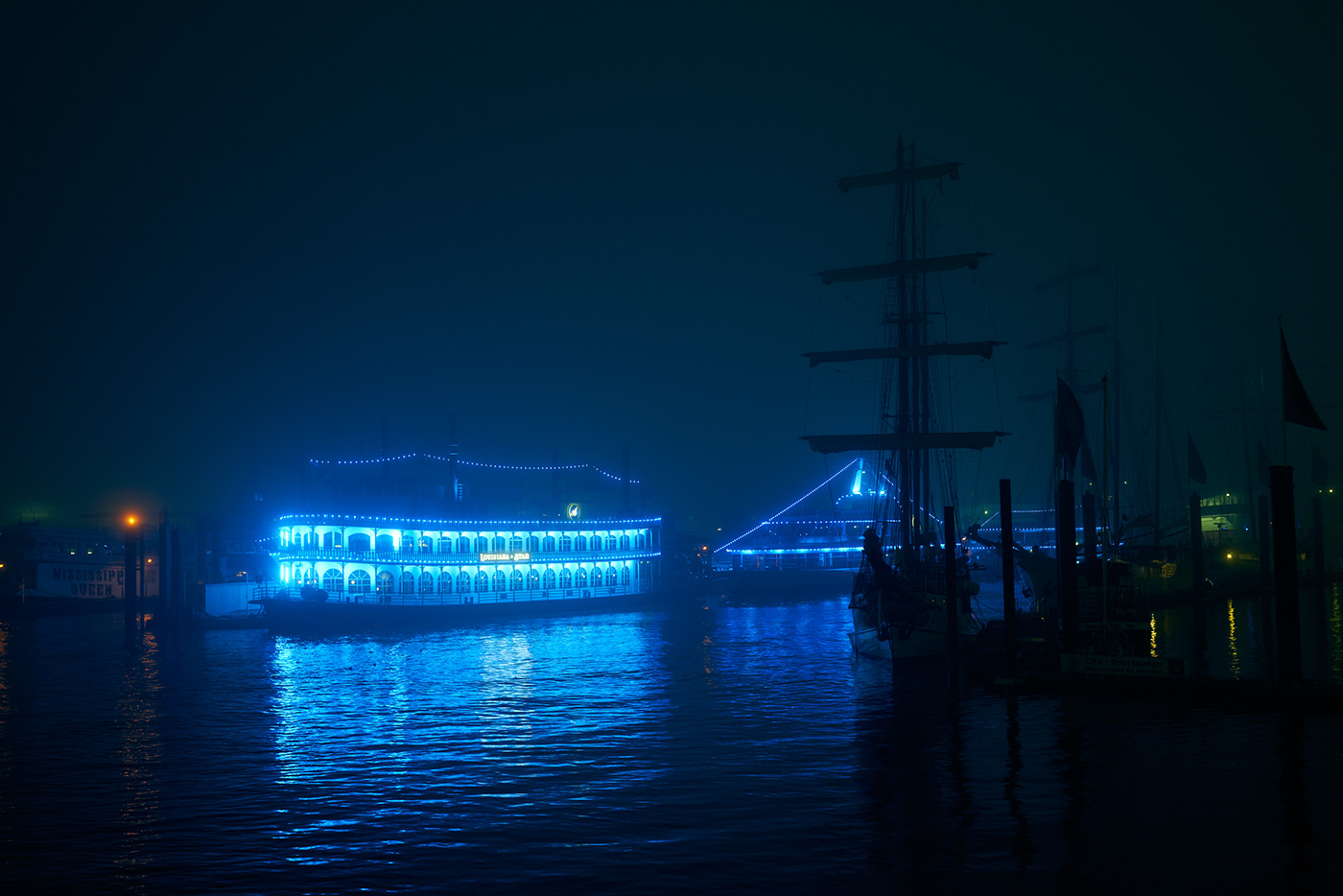 boat fog hamburg harbour lights mood port river Urban water
