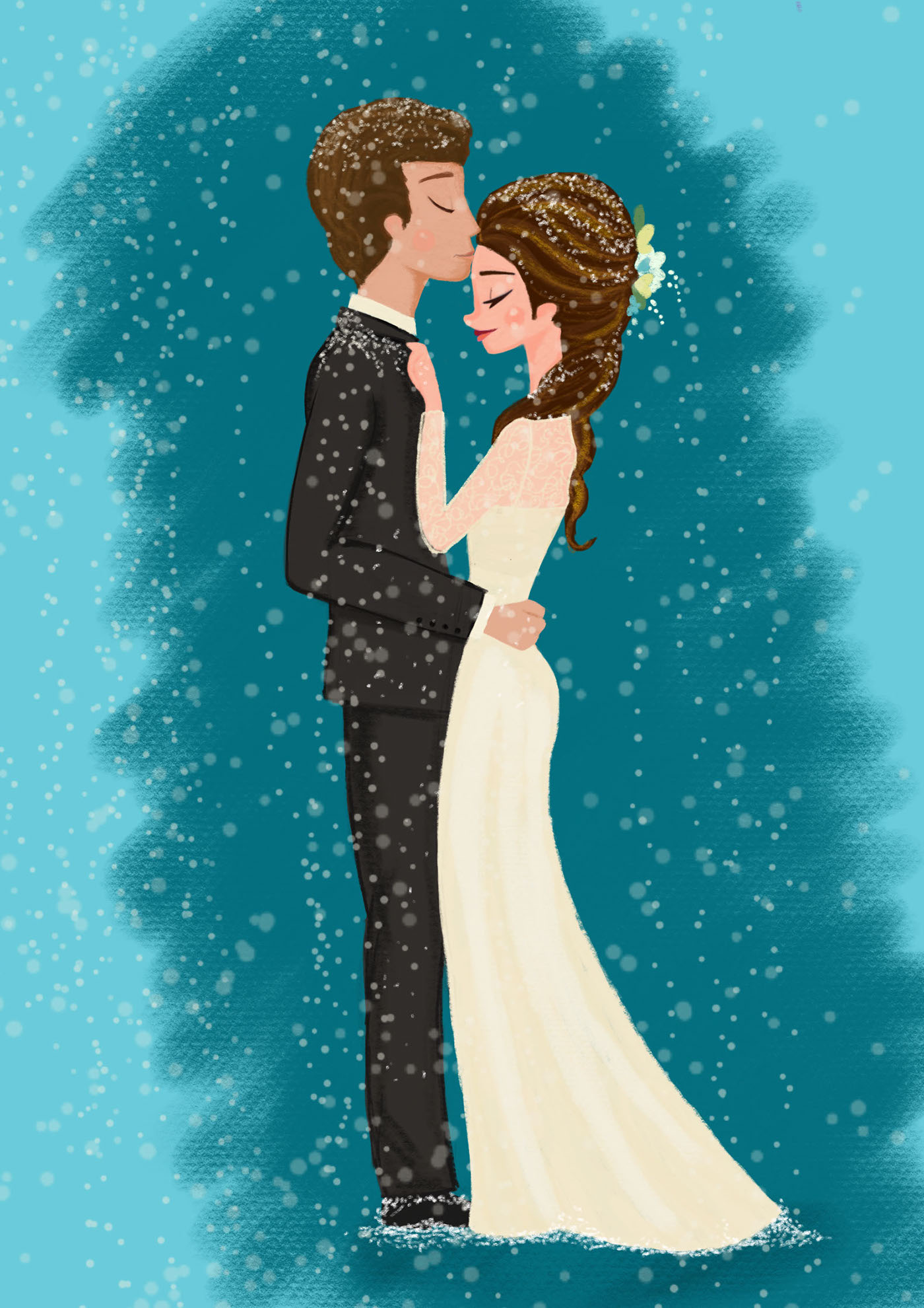 wedding Love snow ILLUSTRATION  Drawing  Digital Art  Procreate bride groom kiss
