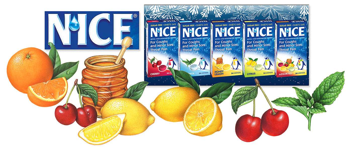 Realistic fruit illustrations used on packaging for N'ICE cough drops.