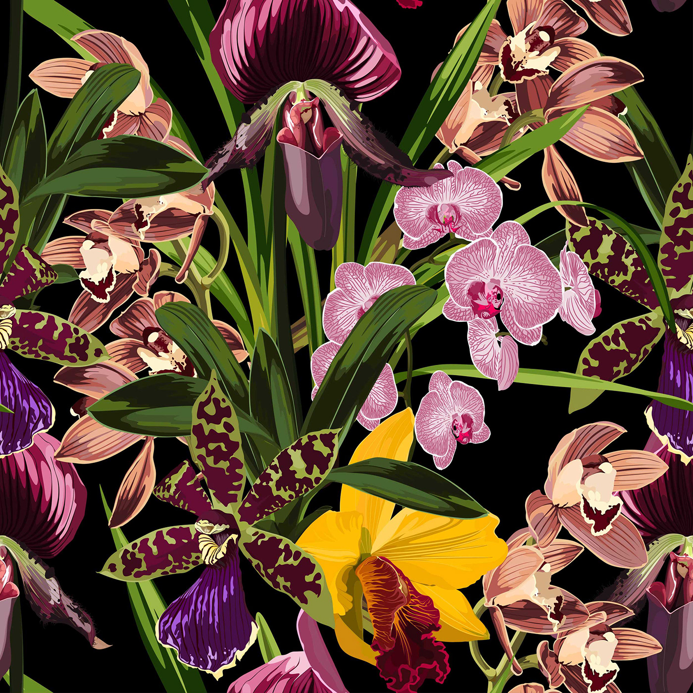 Exotic orchids flowers end leaves seamless pattern.