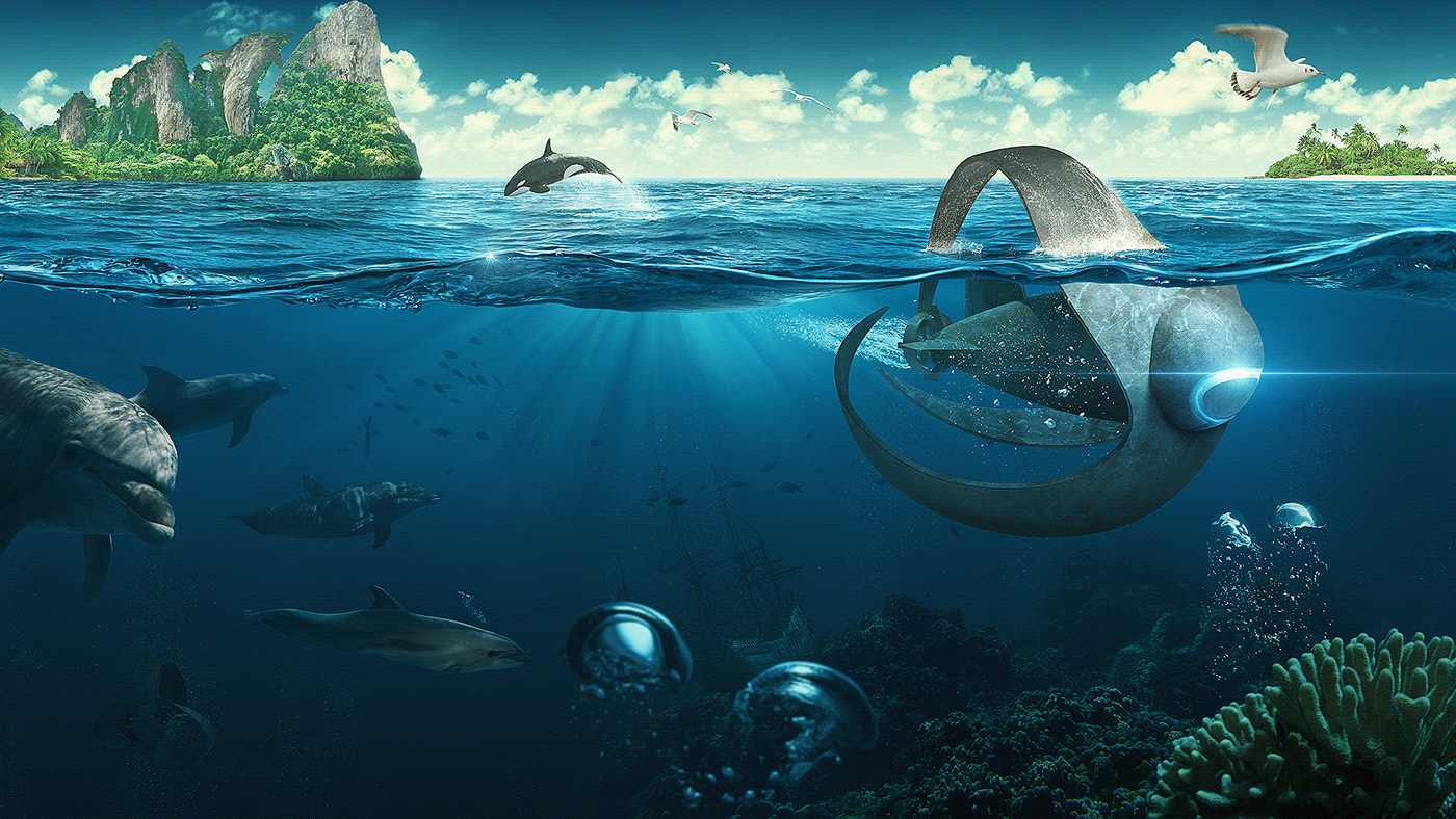 sea Ocean Island dolphin under water submarine fish alien undersea