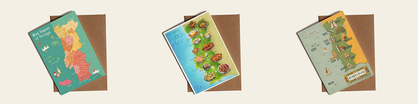 3 postcards with maps of Portugal featuring national food, places of interest and wine regions