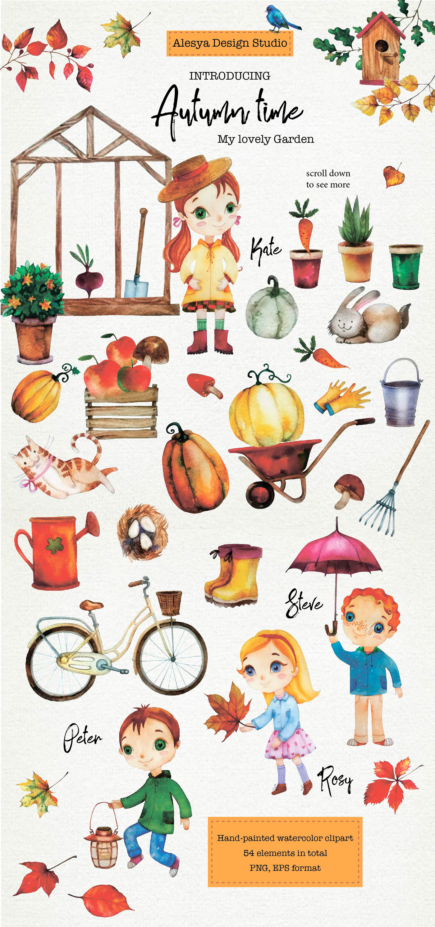 watercolor illustration autumn kids illustration gardening harvest creative market lovely cute girls for kids book