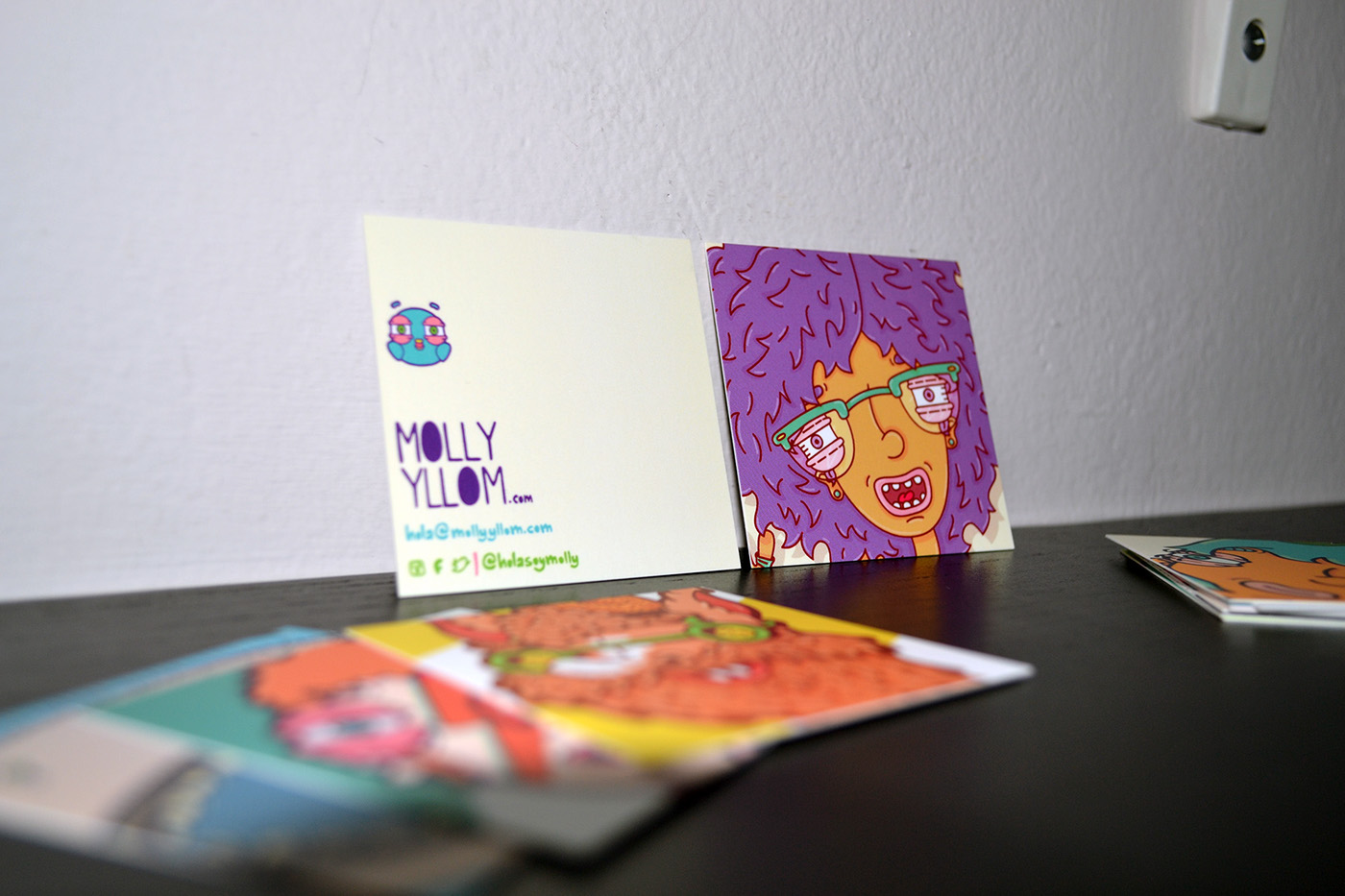 business cards molly Yllom art design square print faces cartoon colorful