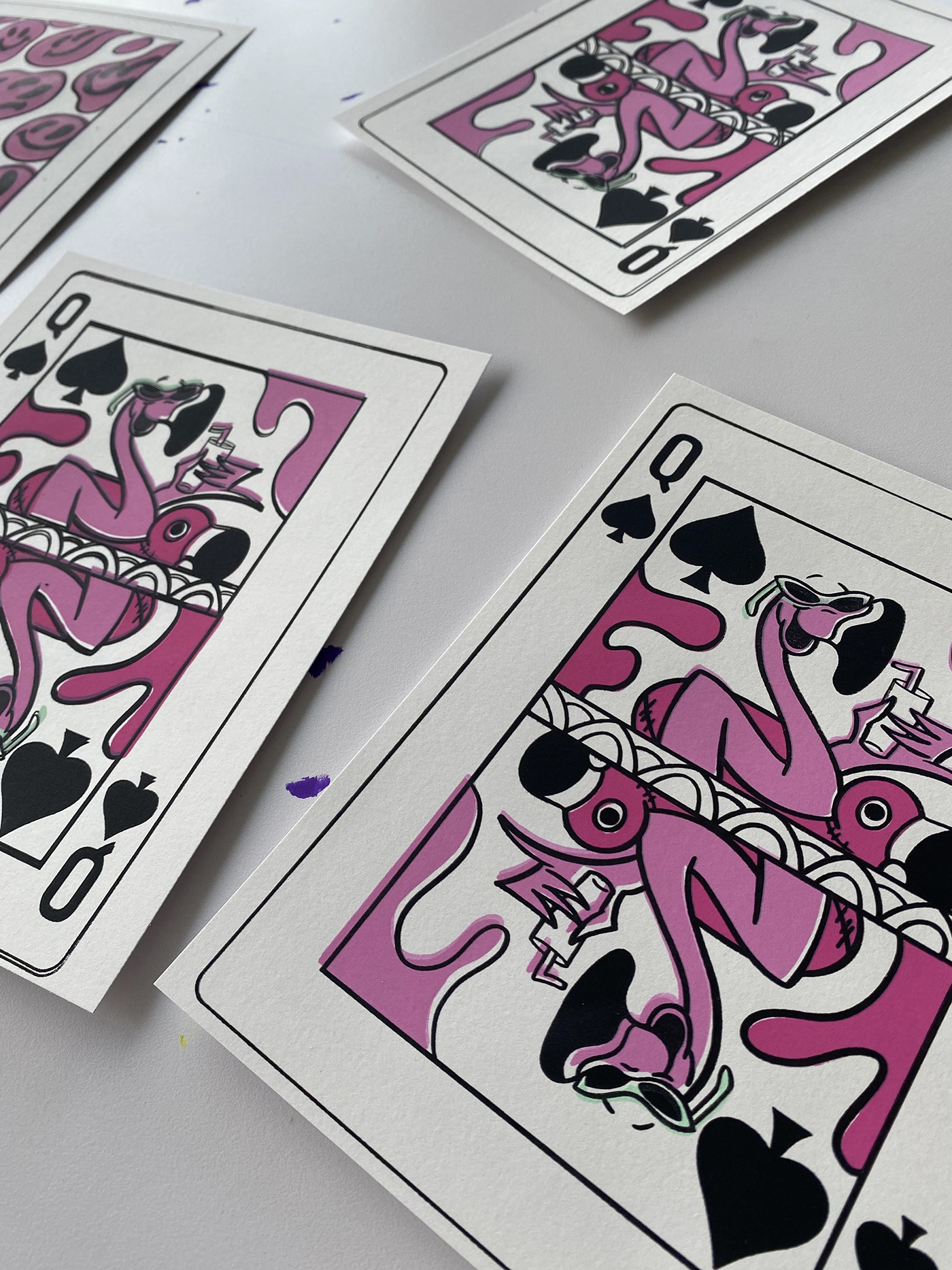 deck of cards flamingo Queen of spades screen print smiley face