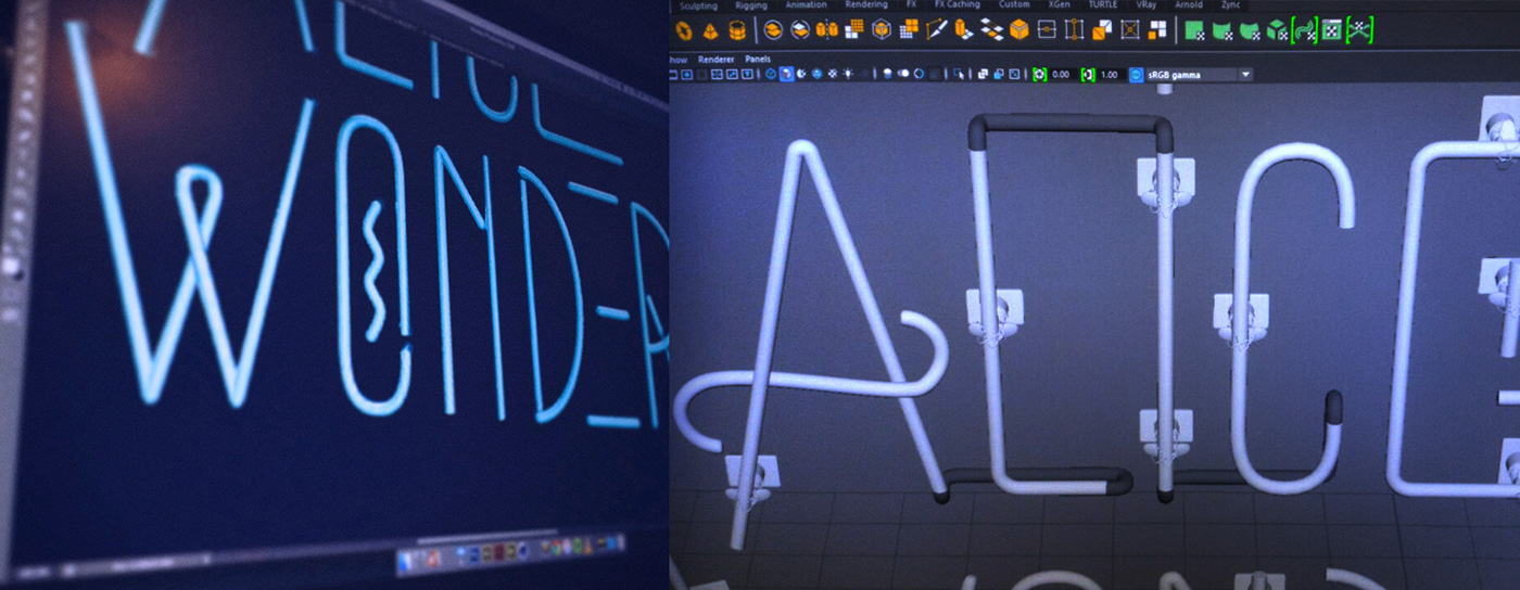 alice wonderland neon lettering type treatment