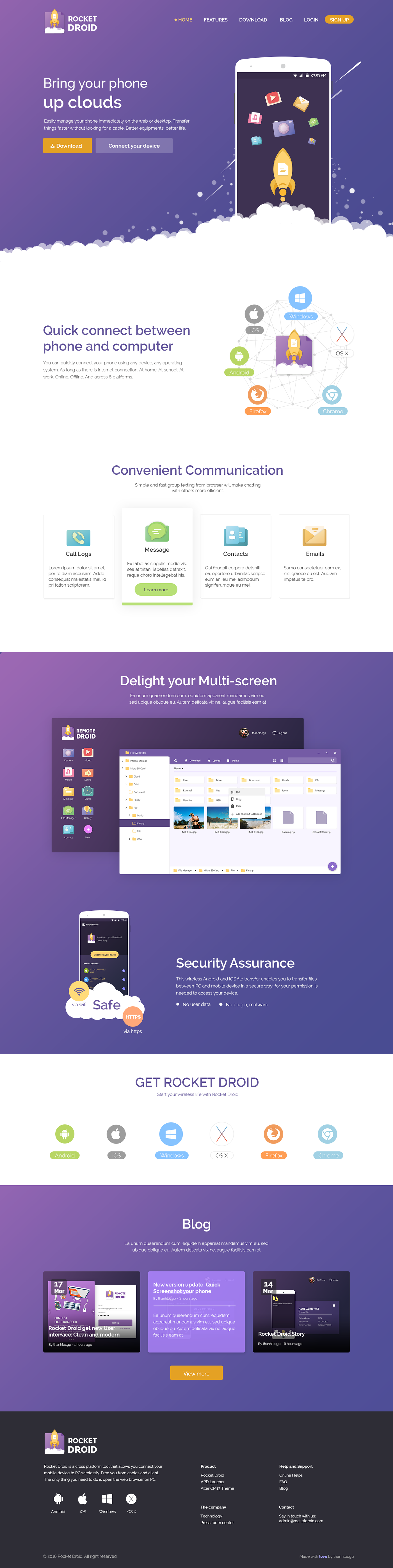 RocketDroid landing landing page Website product Startup flat clean clear TRANSFER Data security colorful purple