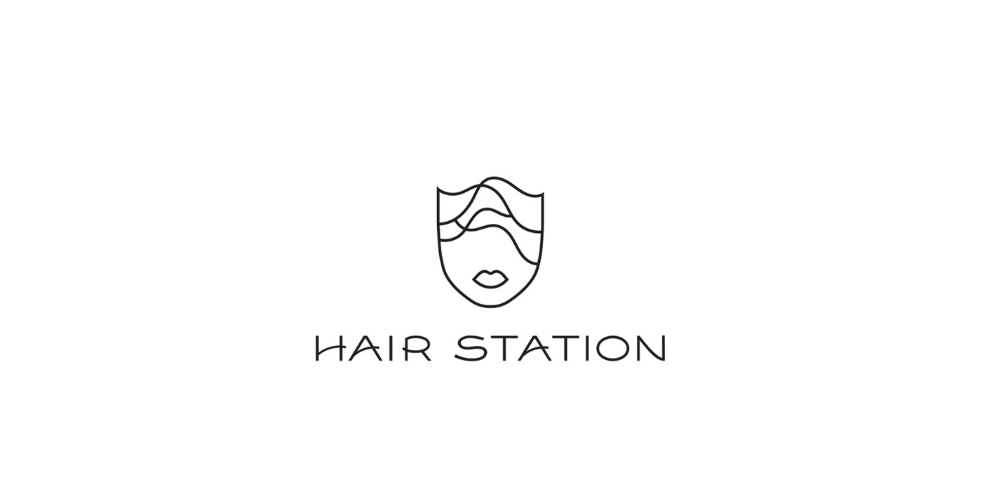 Logo design and graphic visual identity elements for Hair station, a hair salon