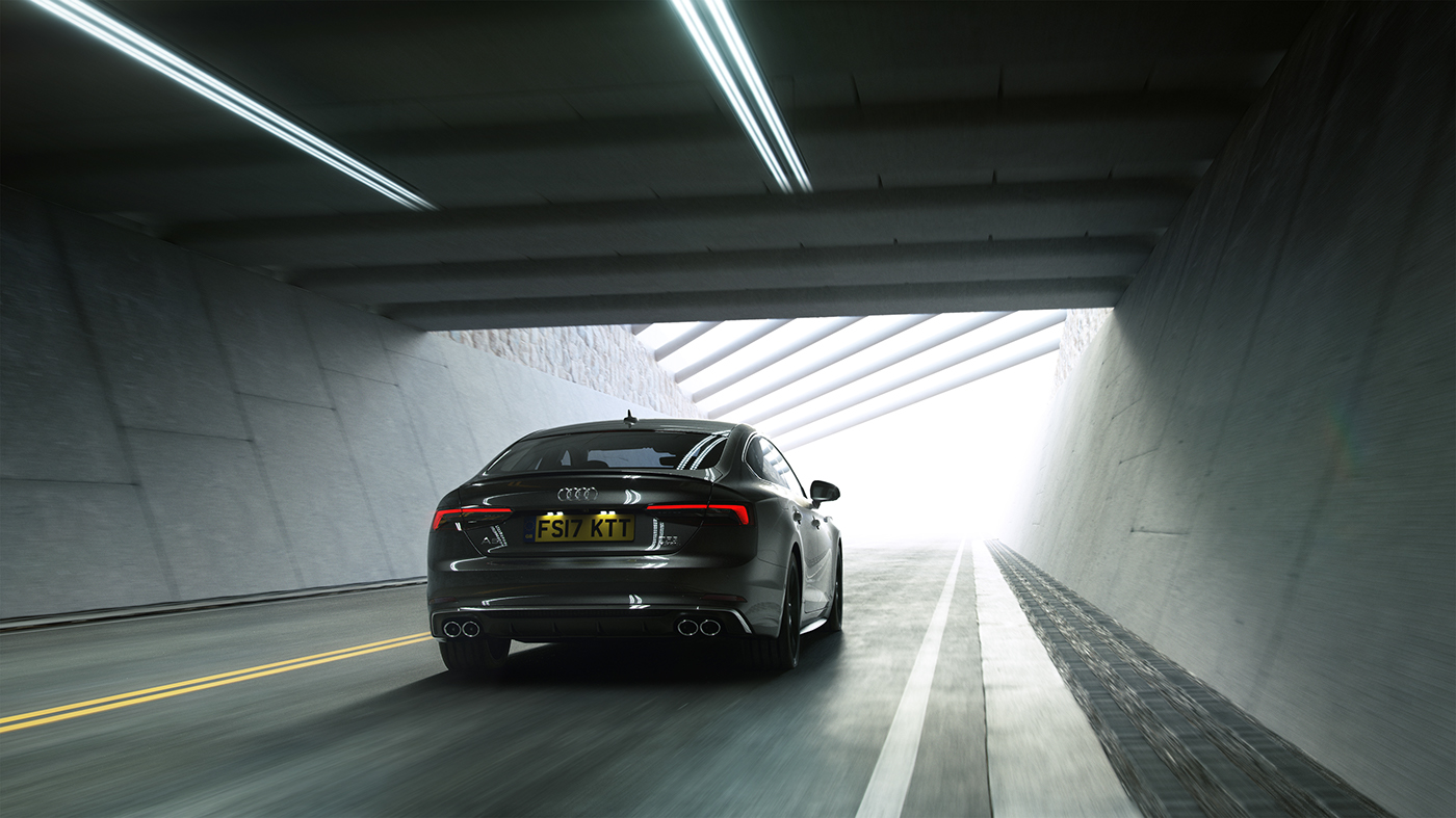 CGI car automotive   tunnel Sun Audi road Render