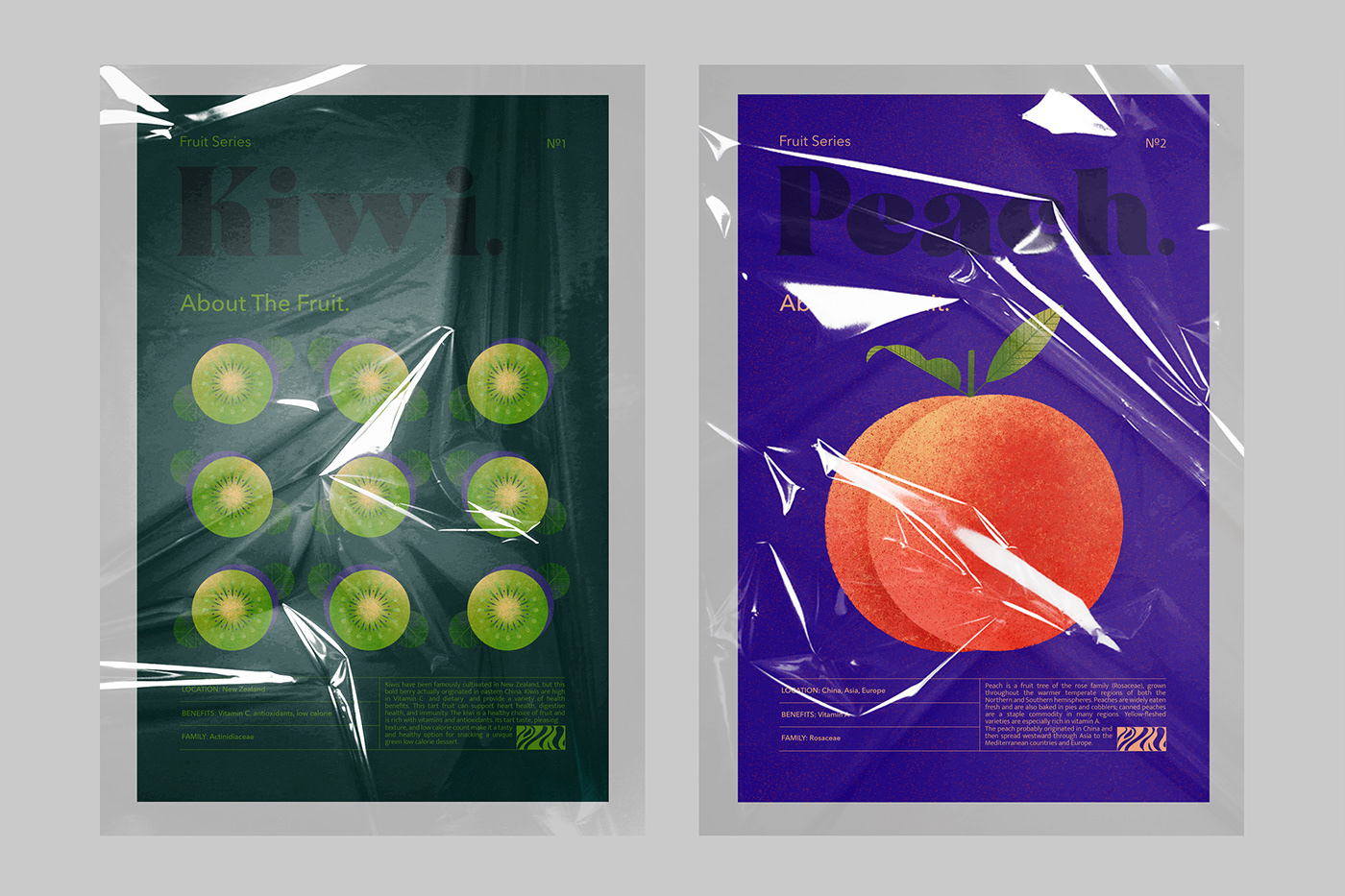 Posters that describe fruits, their history, and benefits for health.