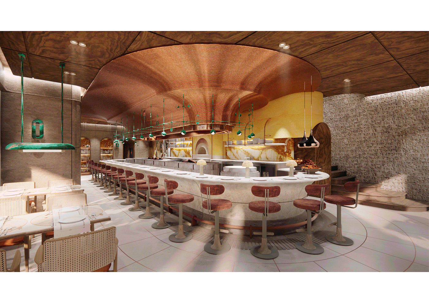architecture bar copper culture design dining fine dining Interior restaurant stone