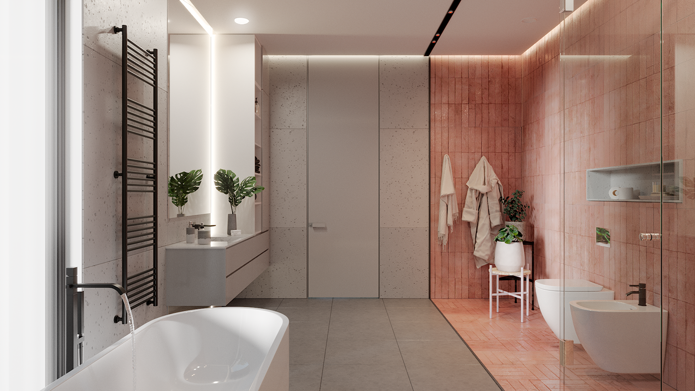 pink salmon bathroom Interior corona Minimalism tiles ceramic concrete