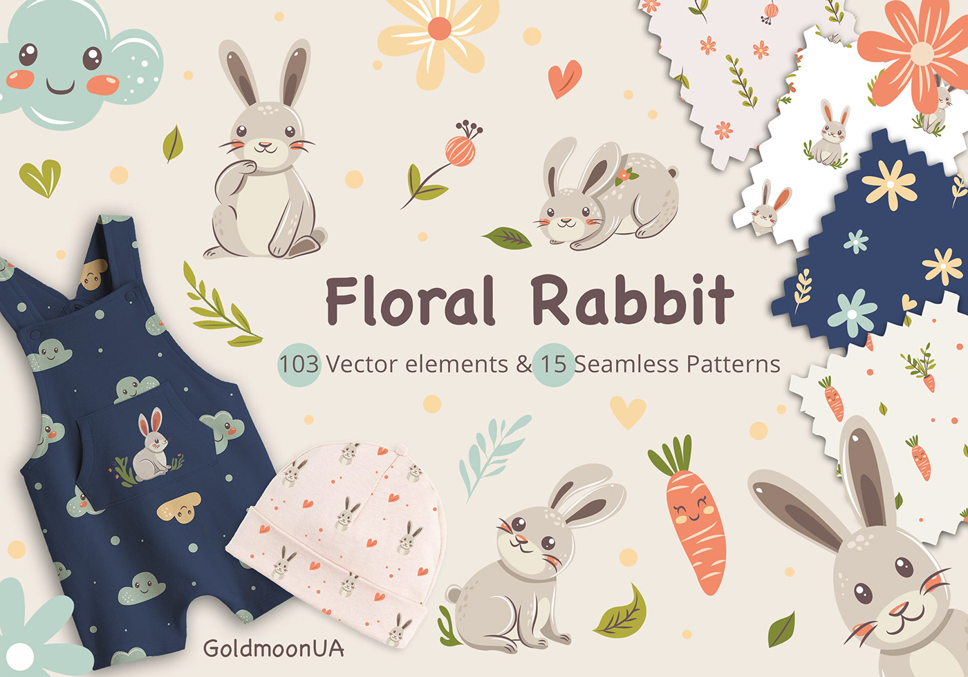 clip art ILLUSTRATION  vector Digital Art  floral rabbit bunny pattern textile design  fabric