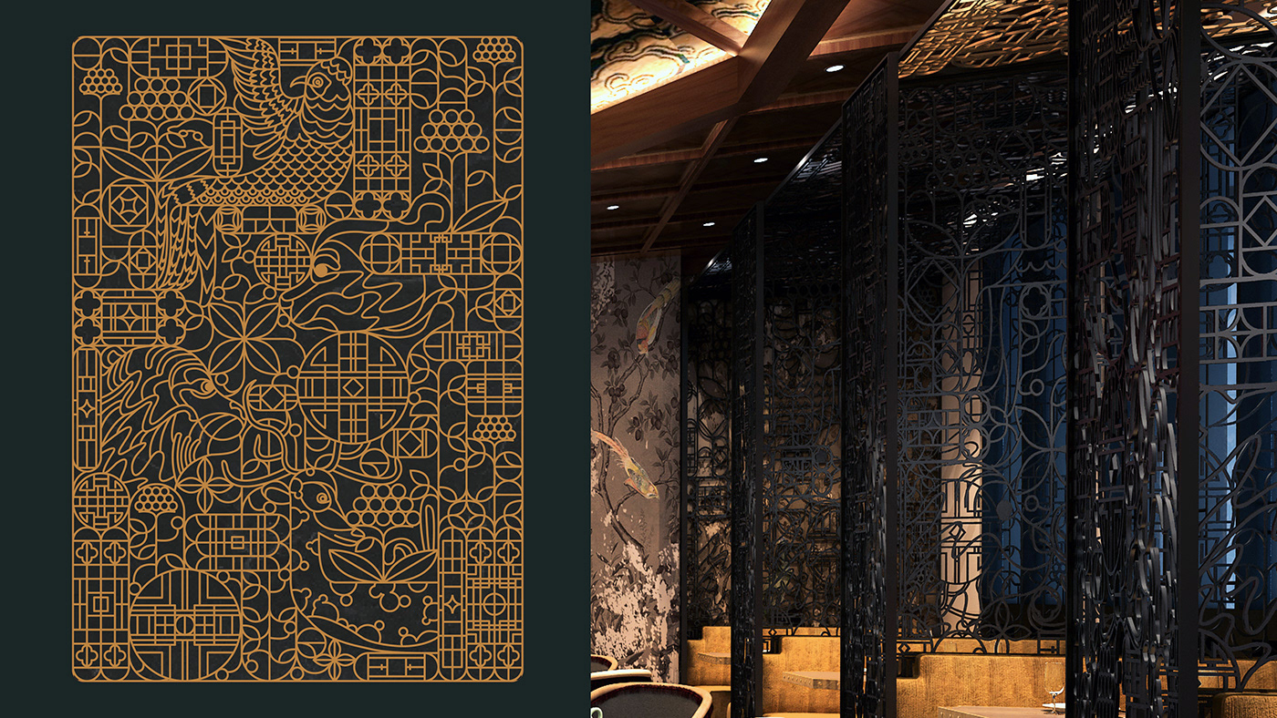 art asian chinese design graphic design  ILLUSTRATION  Nature pattern restaurant surface design