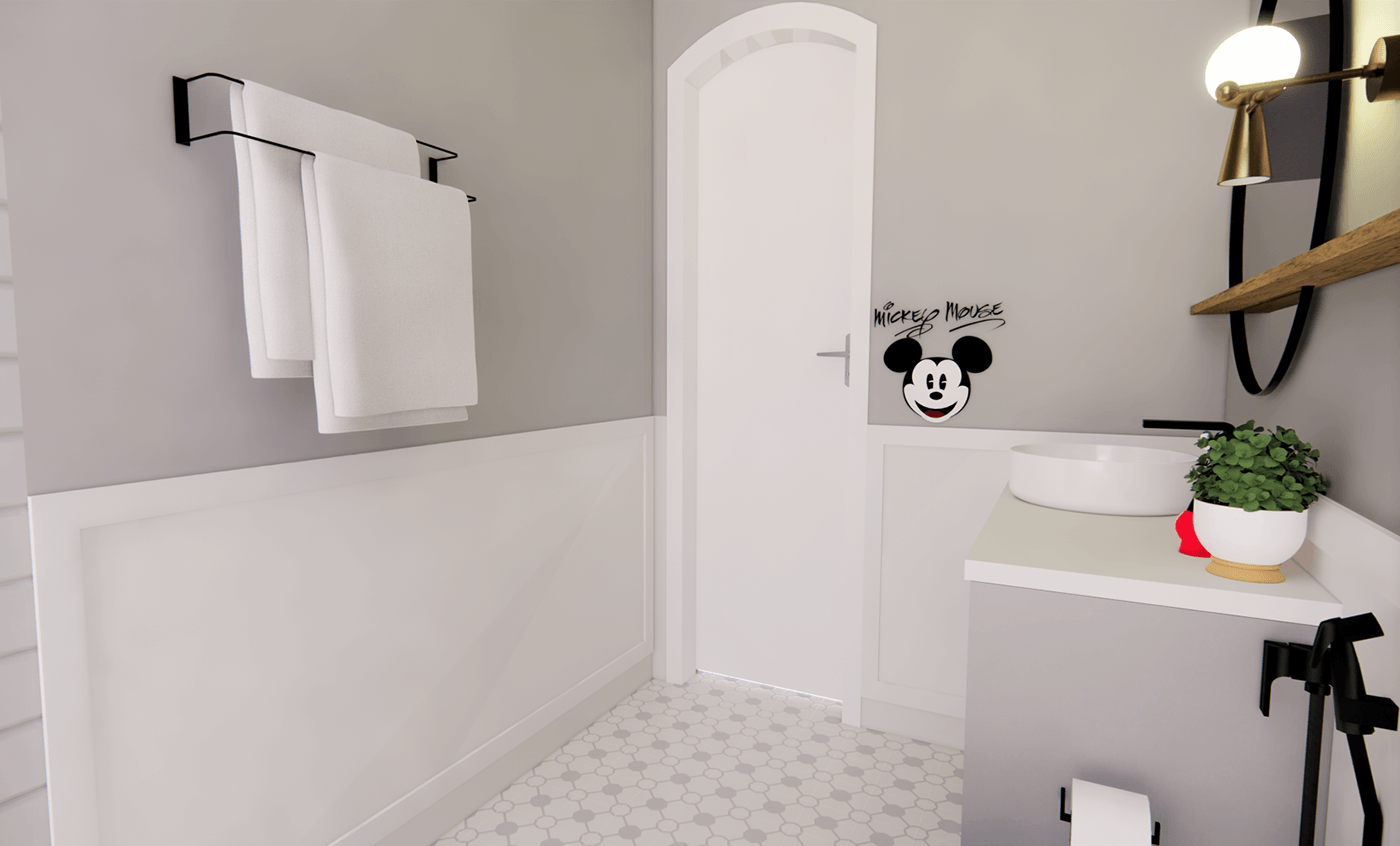 design de interiores architecture interior design  ARQUITETURA 3D Render atemporal banheiro disney banheiro infantil