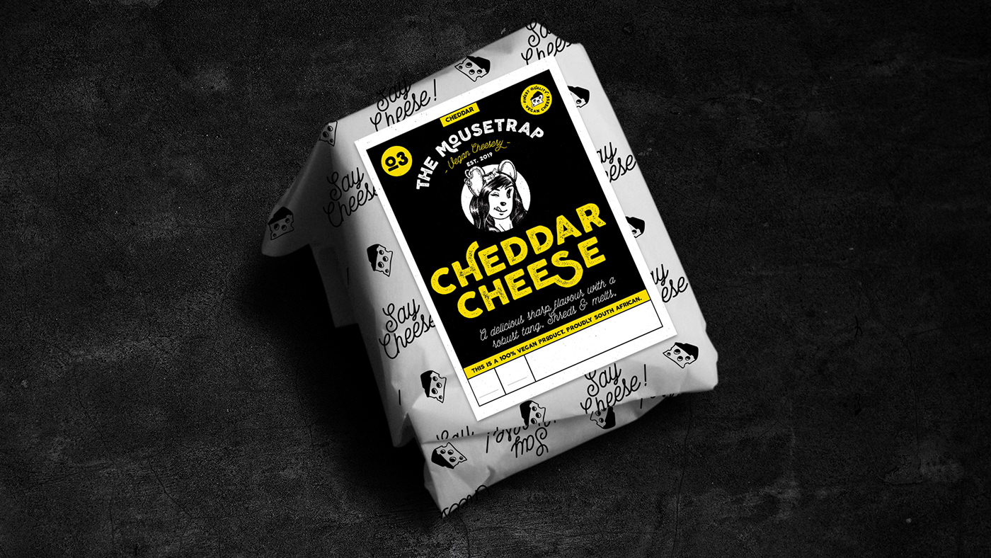 Cheddar cheese label design for the Mousetrap Vegan Cheesery
