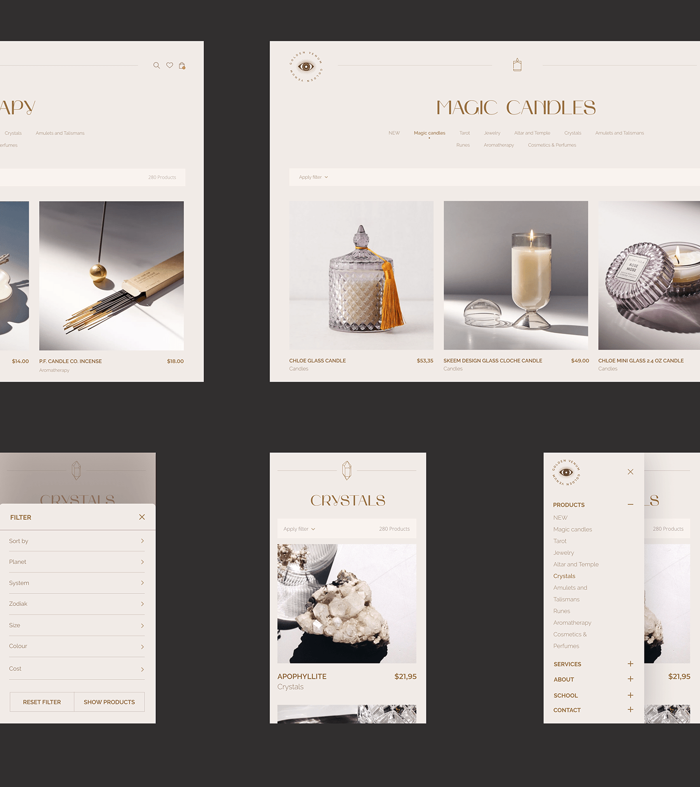 candle crystal esoteric Online shop interaction UI ux e-commerce typography   Web Design 