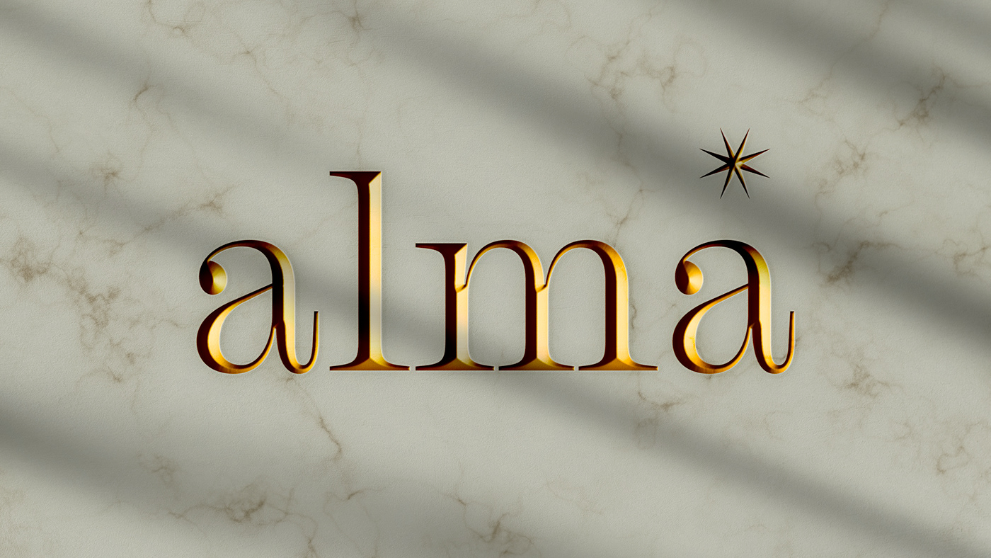 Embossed logo of Alma's restaurant and bar brand identity.