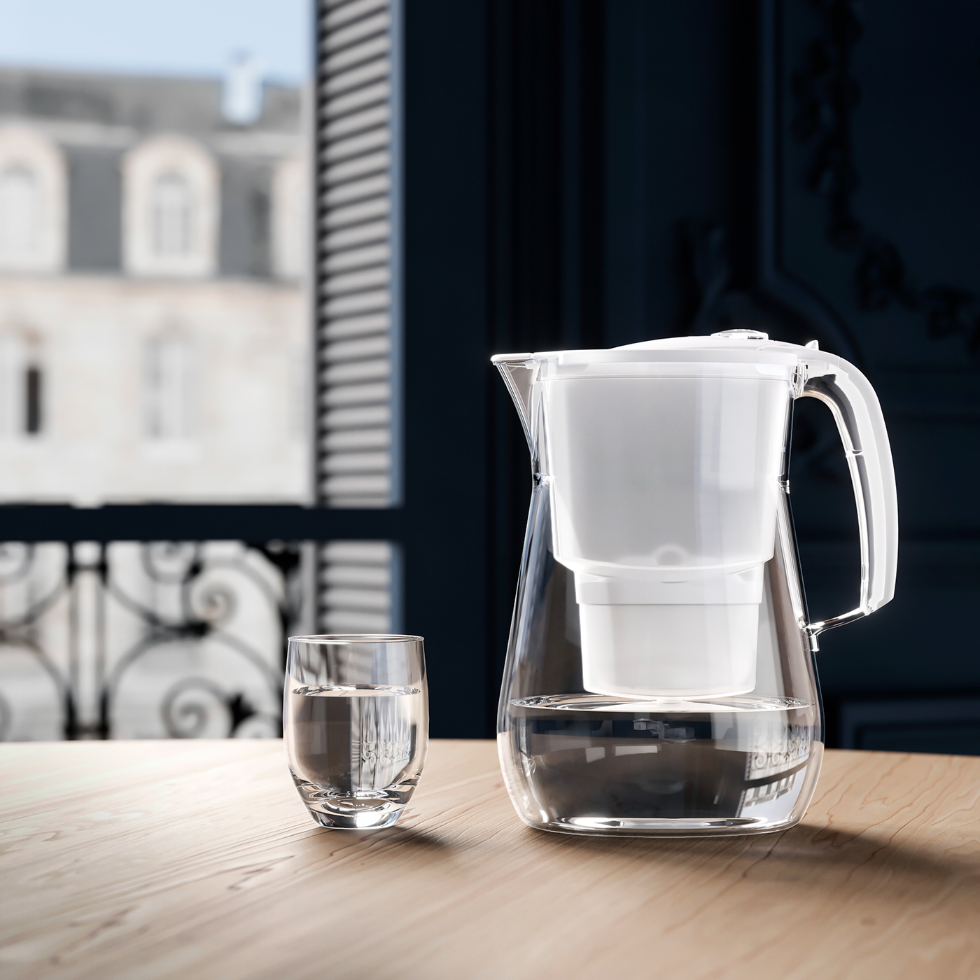 pitcher water Water Filter glass photorealistic 3D Render visualization product Interior